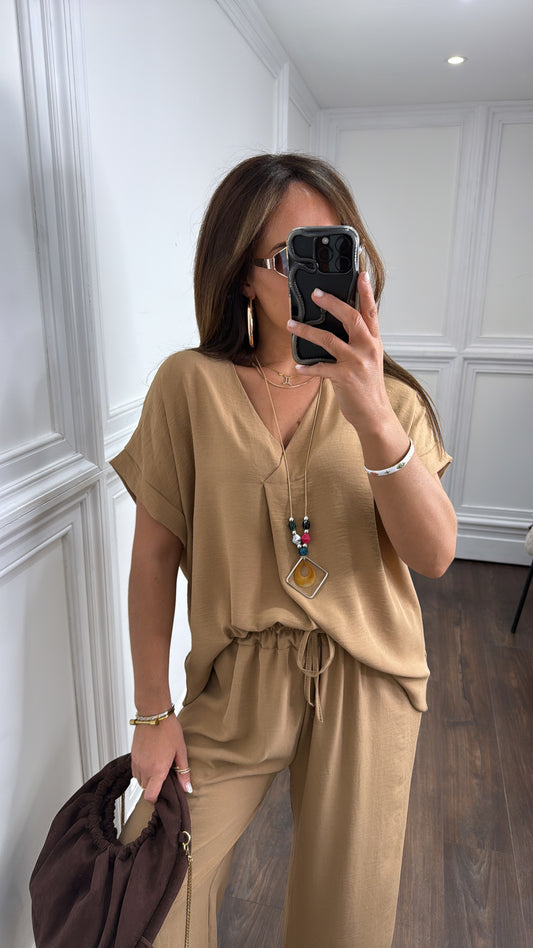 SERENE camel tunic top and wide leg co-ord with necklace