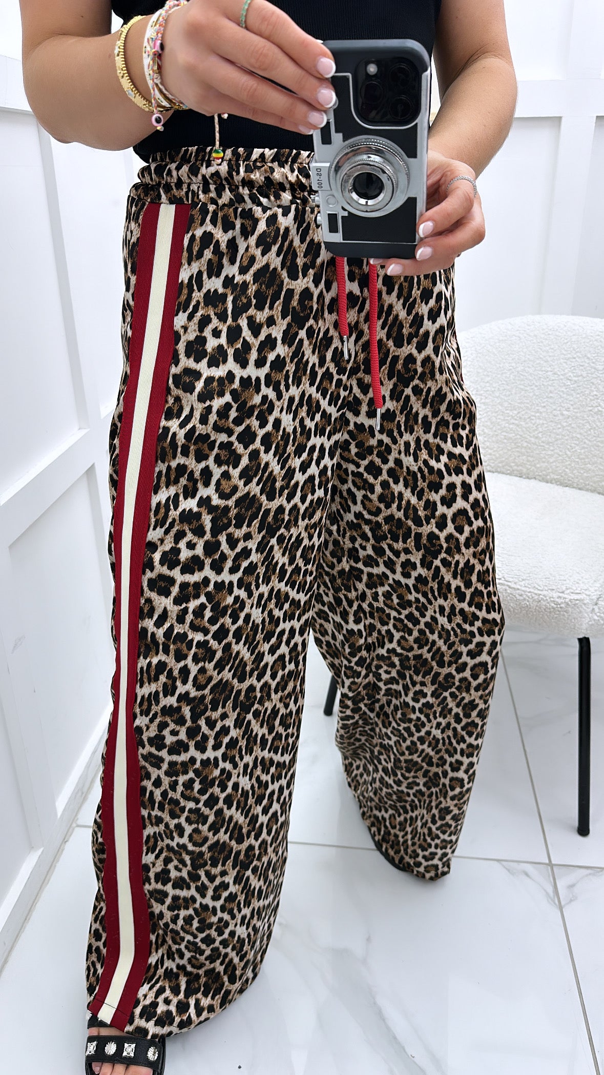 SASKIA leopard trousers with red and cream contrast panel