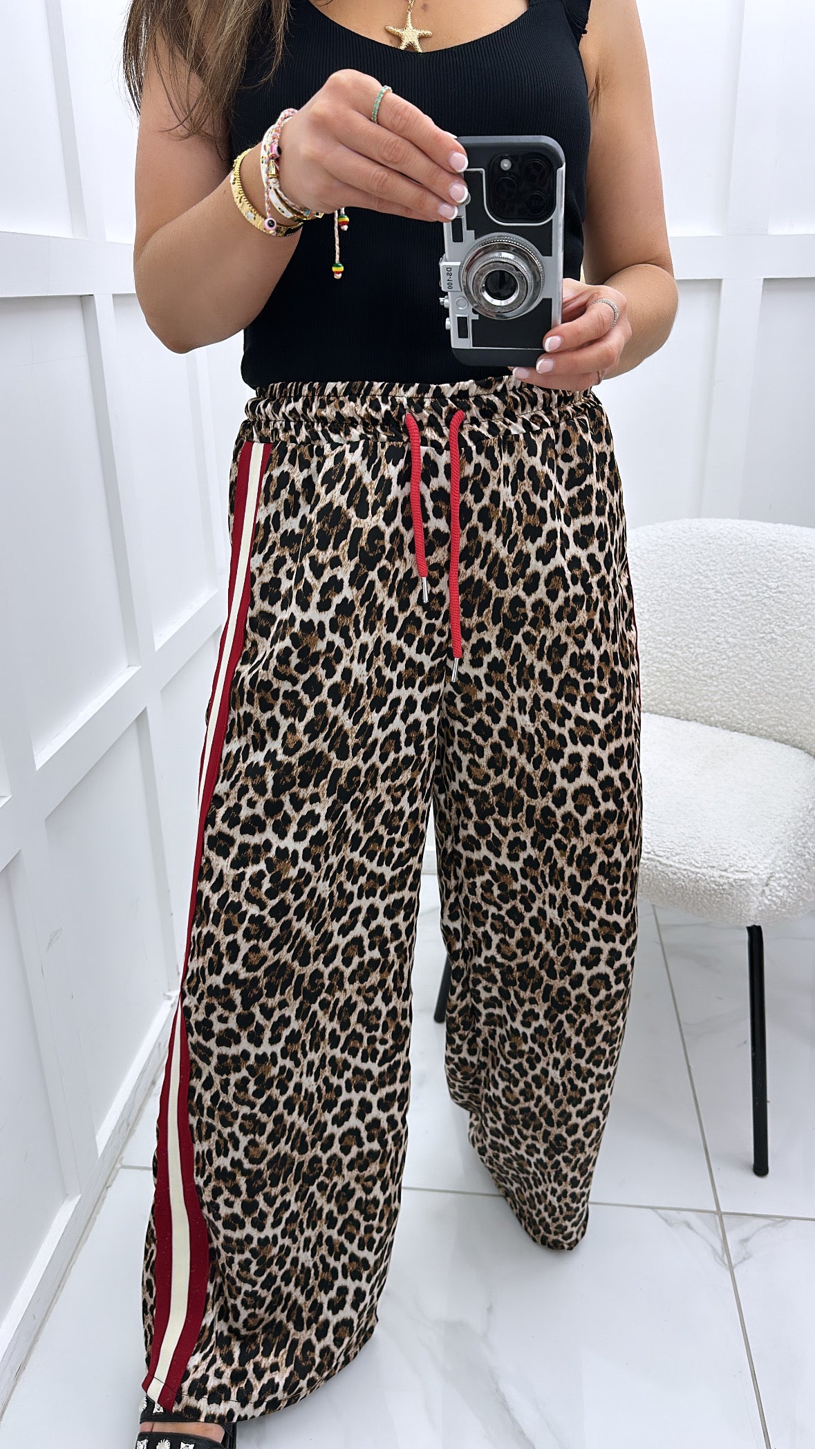 SASKIA leopard trousers with red and cream contrast panel