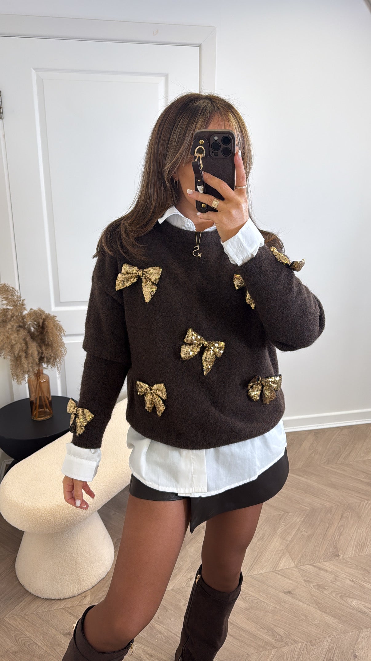 TALLULAH brown soft knit jumper with gold sequin bows