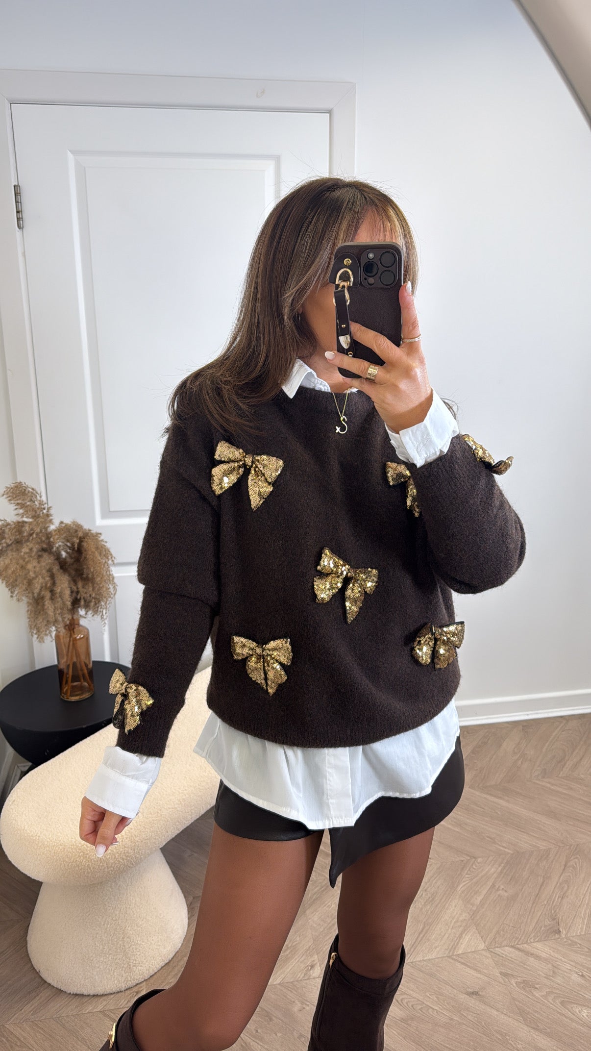 TALLULAH brown soft knit jumper with gold sequin bows