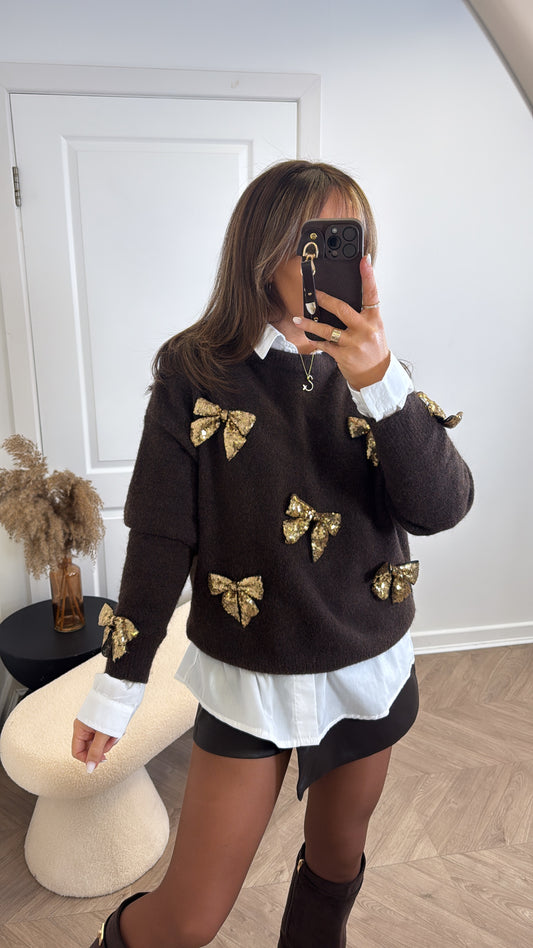 TALLULAH brown soft knit jumper with gold sequin bows