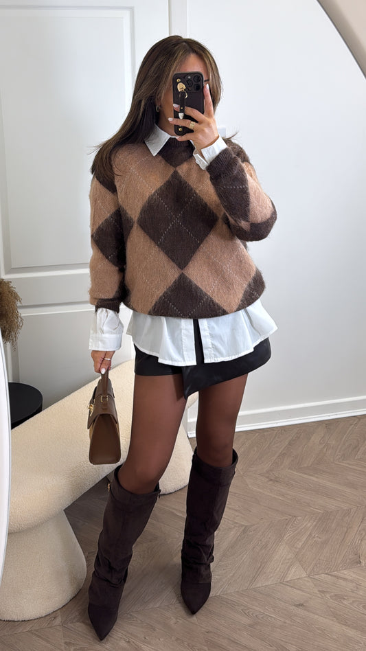 SERENITY brown diamond check soft knit jumper