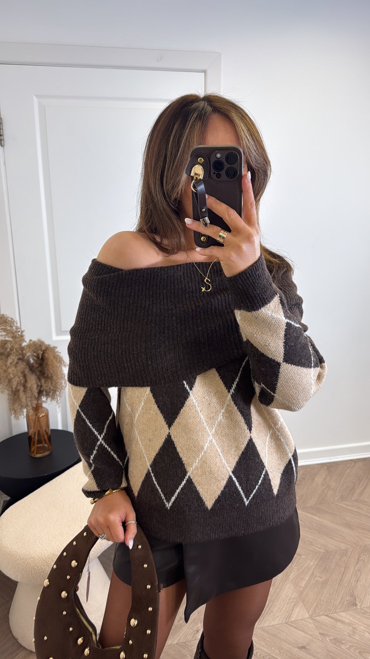 PAYTON brown argyle print off the shoulder jumper