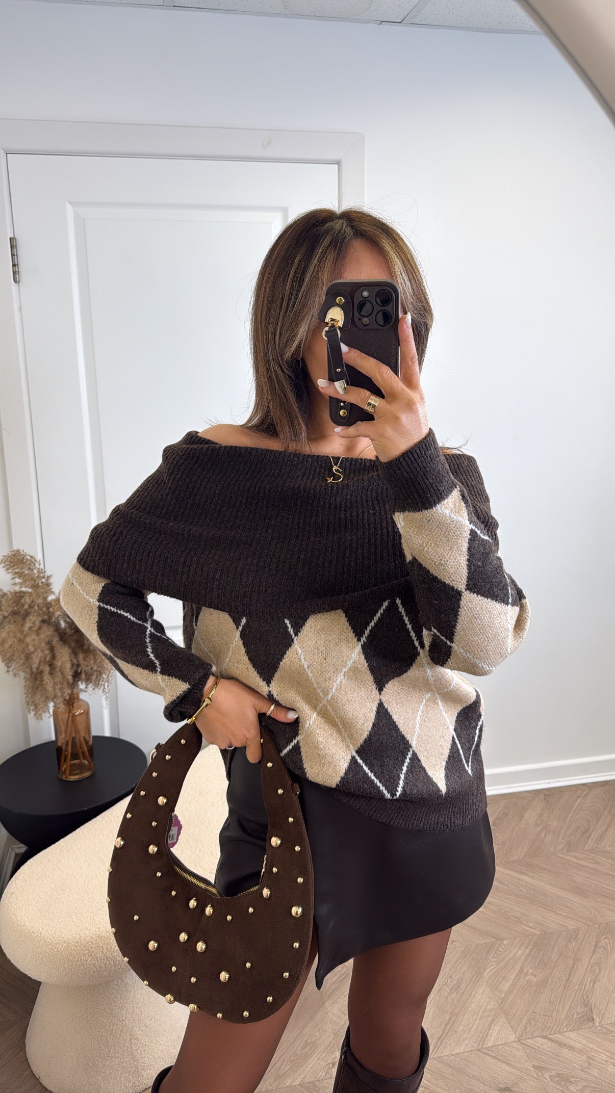 PAYTON brown argyle print off the shoulder jumper