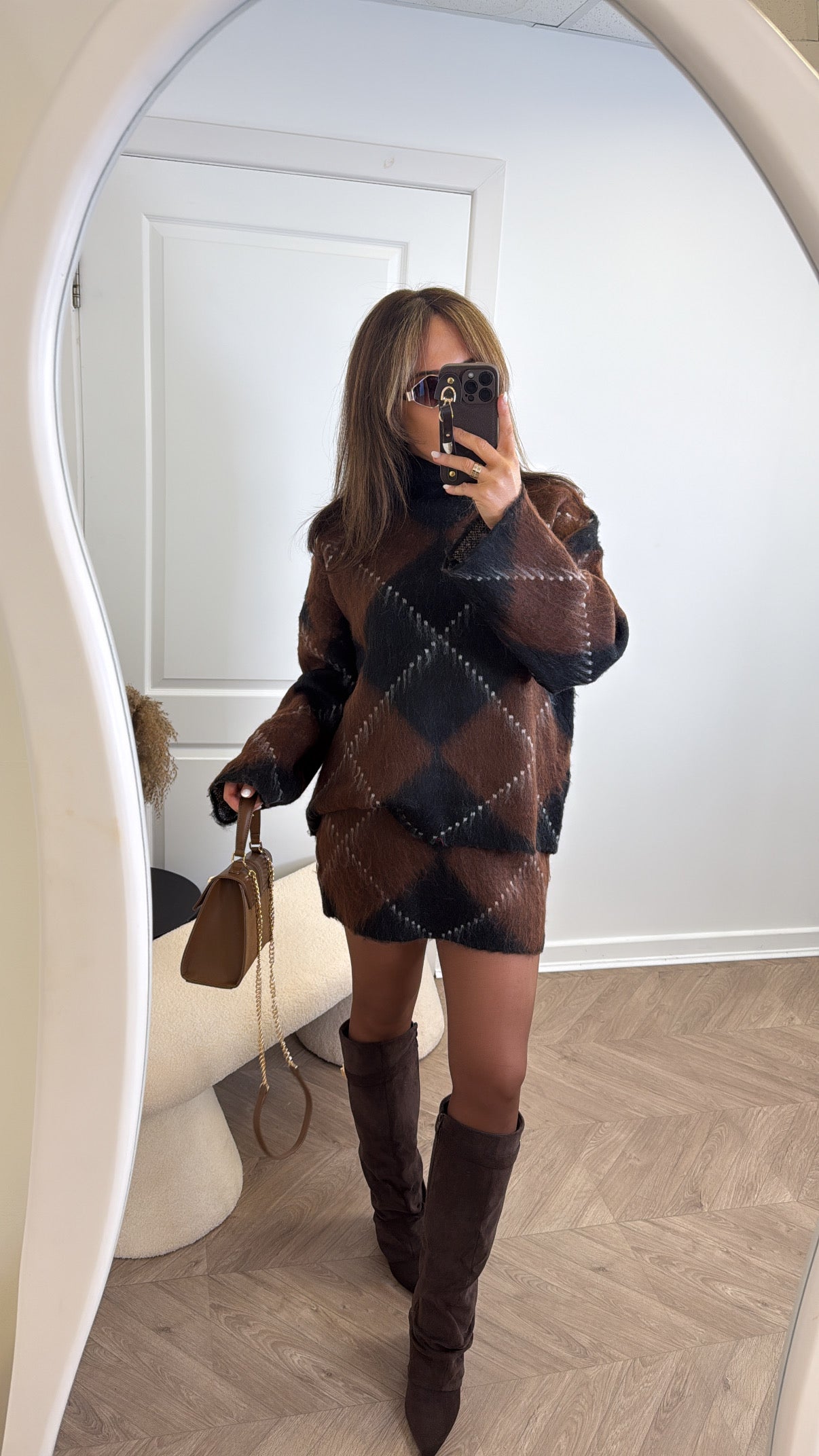 ELSIE black and brown diamond check soft knit jumper