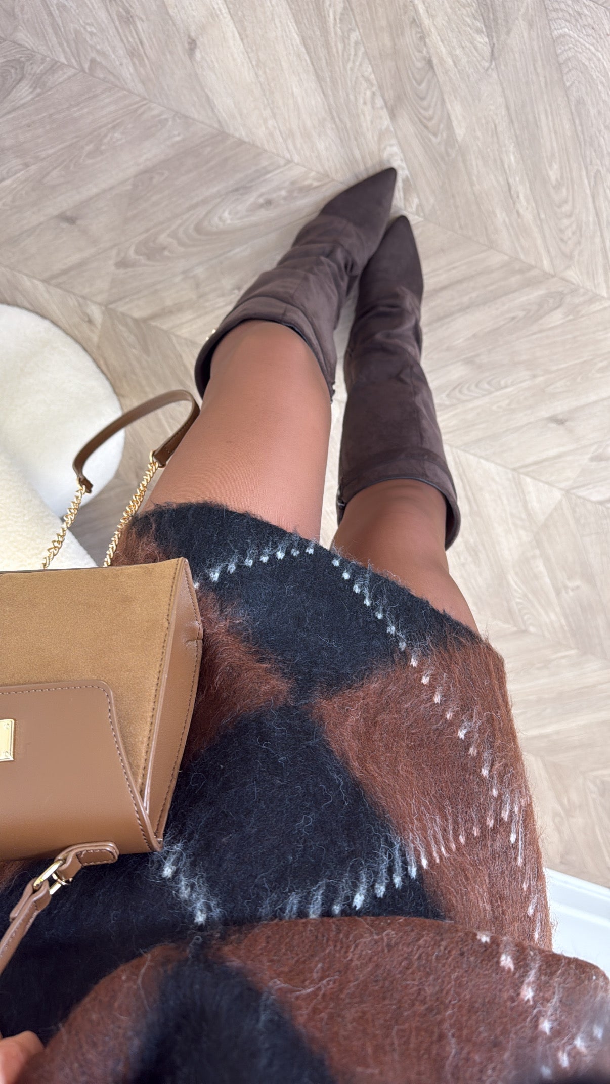 EDIE black and brown diamond check soft knit skirt