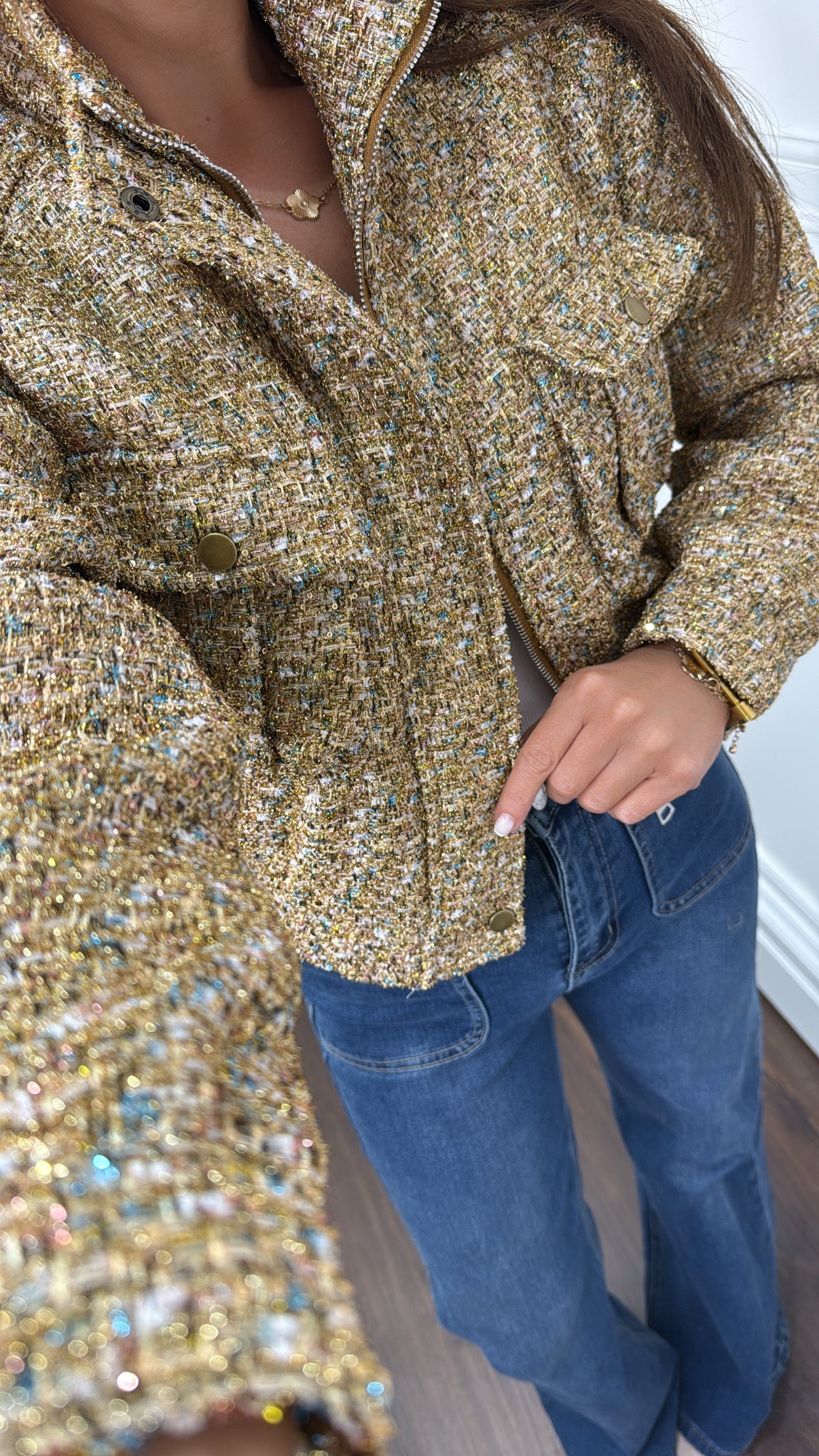 ALEXANDRA gold tweed luxe bomber jacket