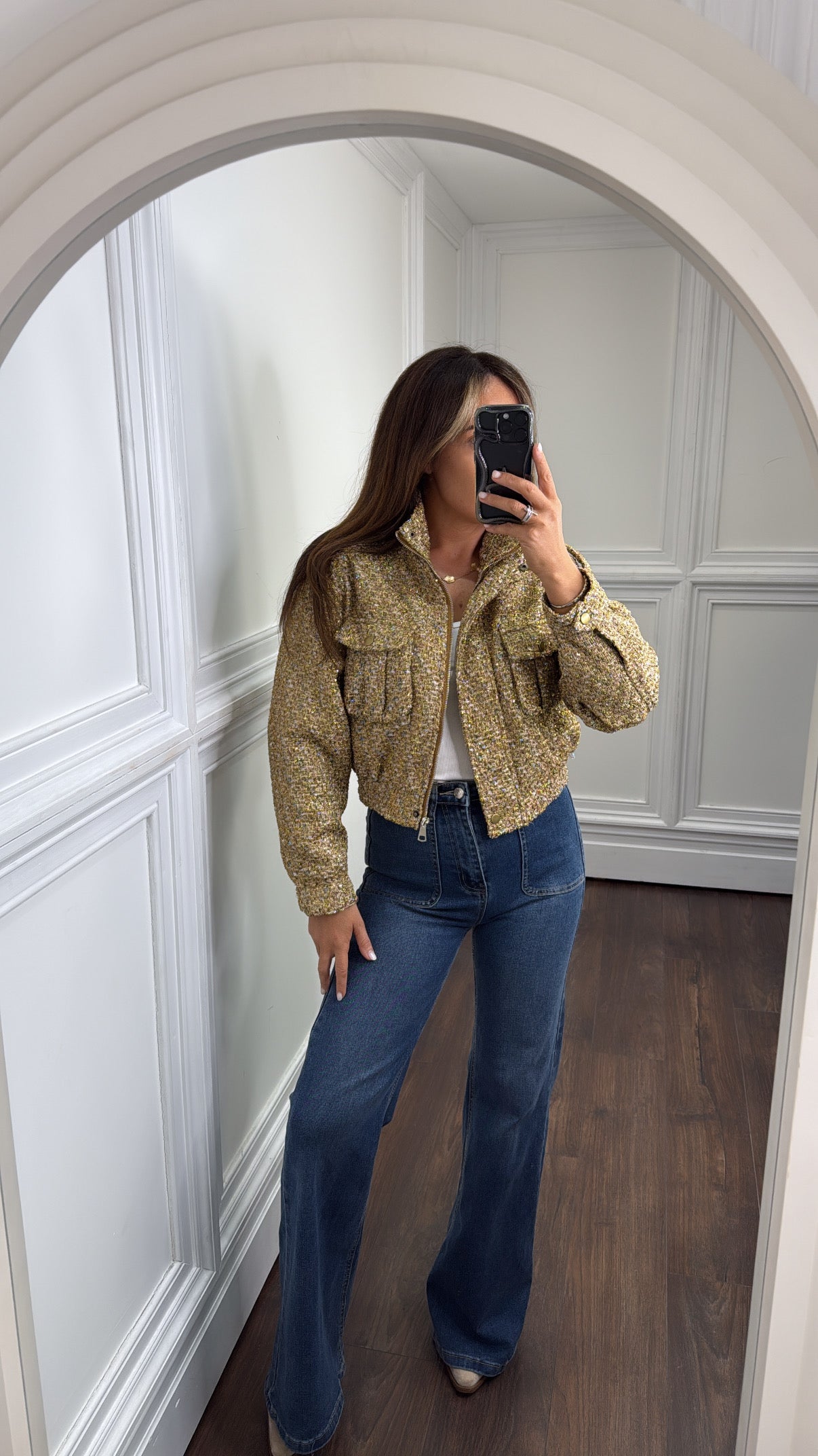 ALEXANDRA gold tweed luxe bomber jacket