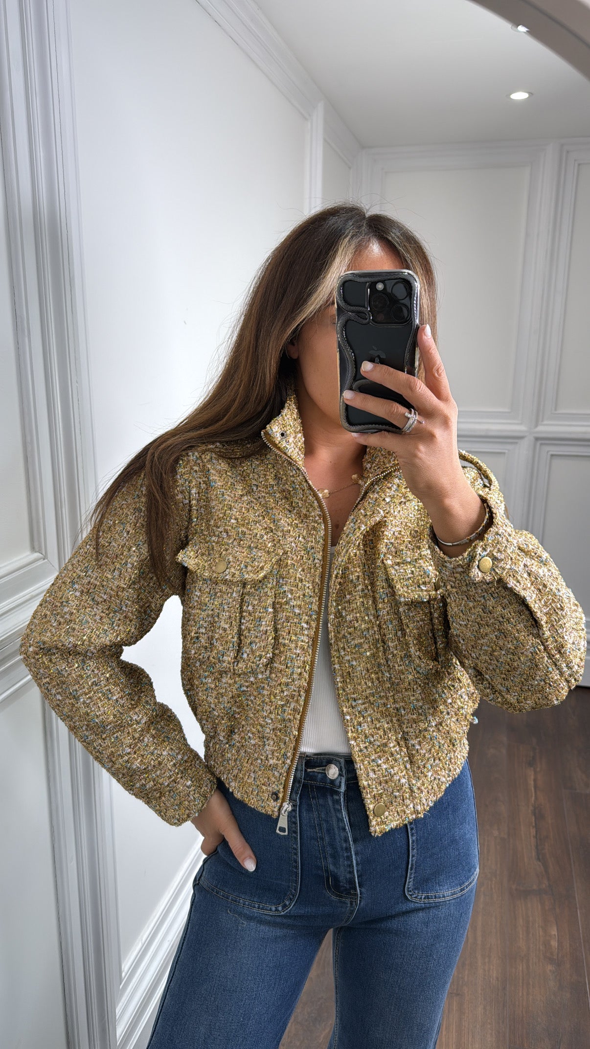 ALEXANDRA gold tweed luxe bomber jacket