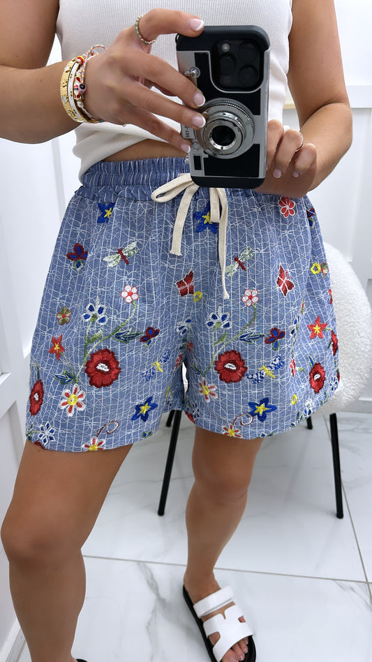 BONNIE blue embroidery detail shorts with lace overlay