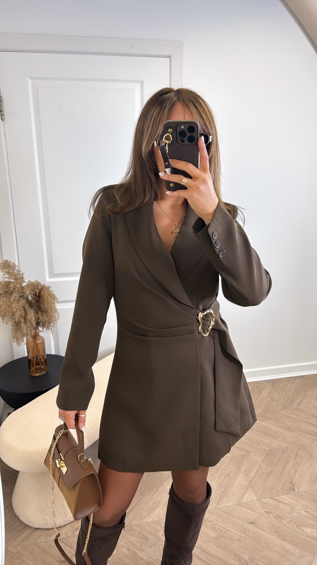 TAMARA brown wrap blazer dress with gold buckle