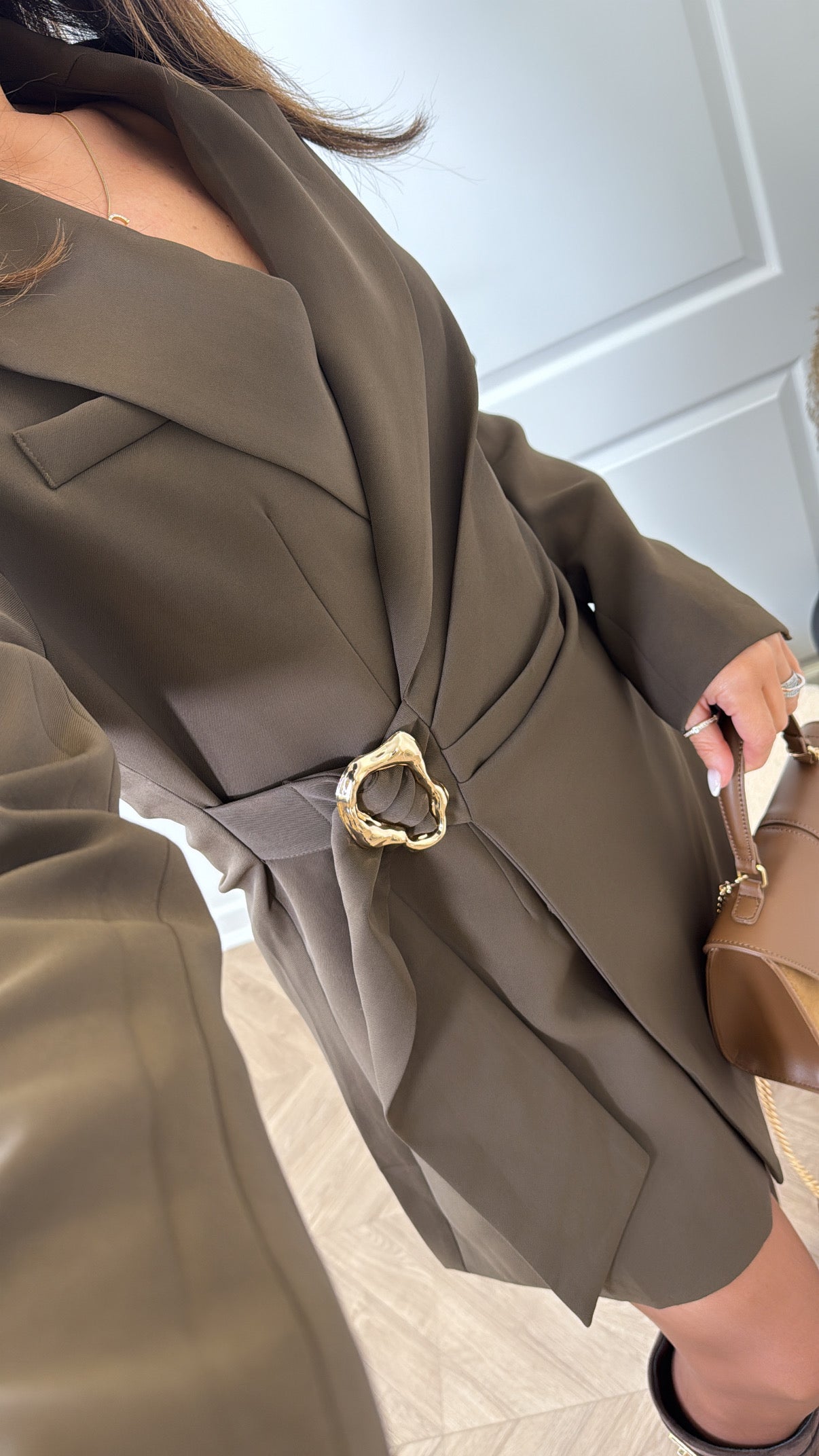 TAMARA brown wrap blazer dress with gold buckle