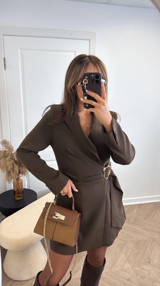 TAMARA brown wrap blazer dress with gold buckle