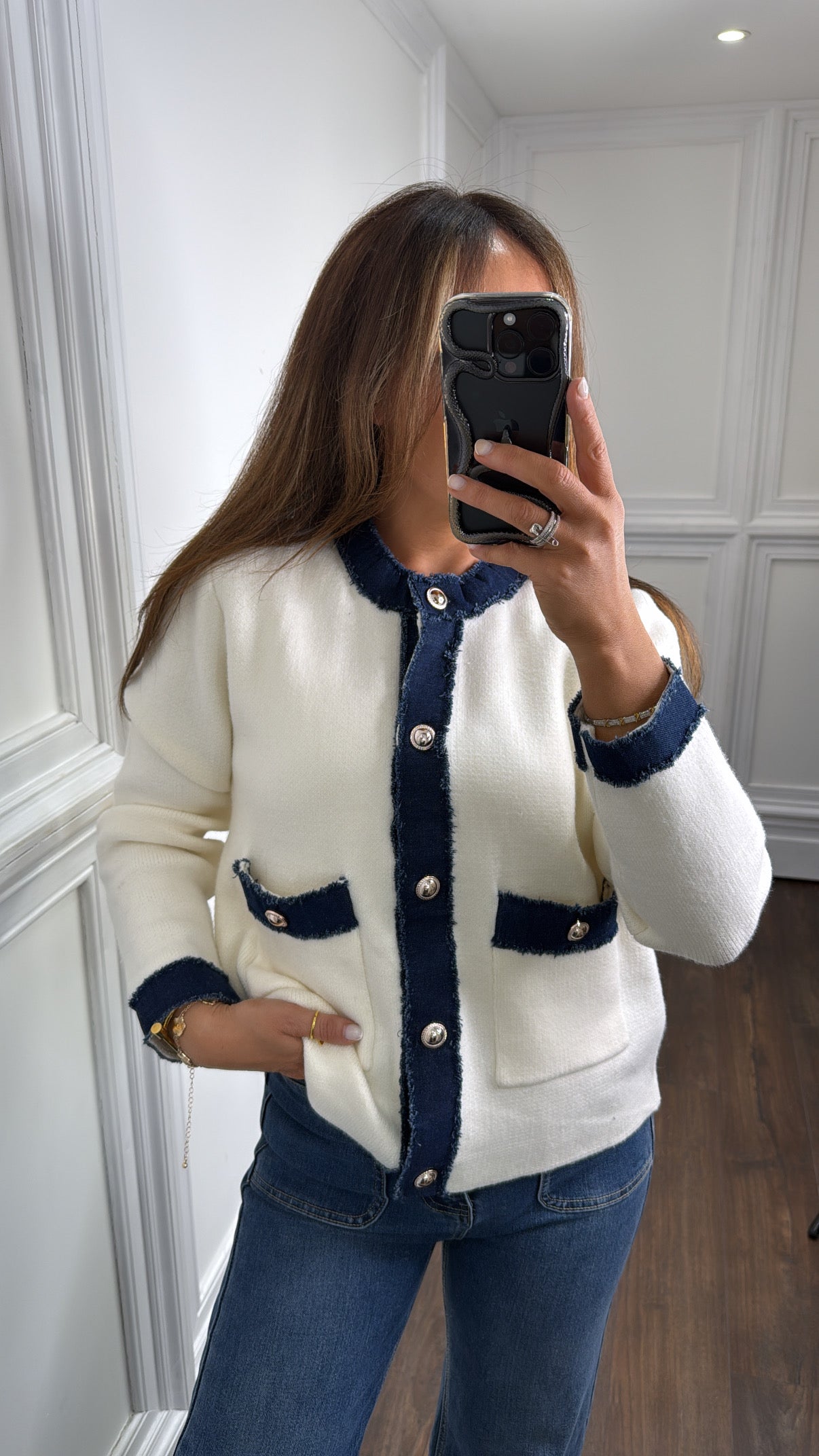 ELIZA cream knitted cardigan with denim contrast trim