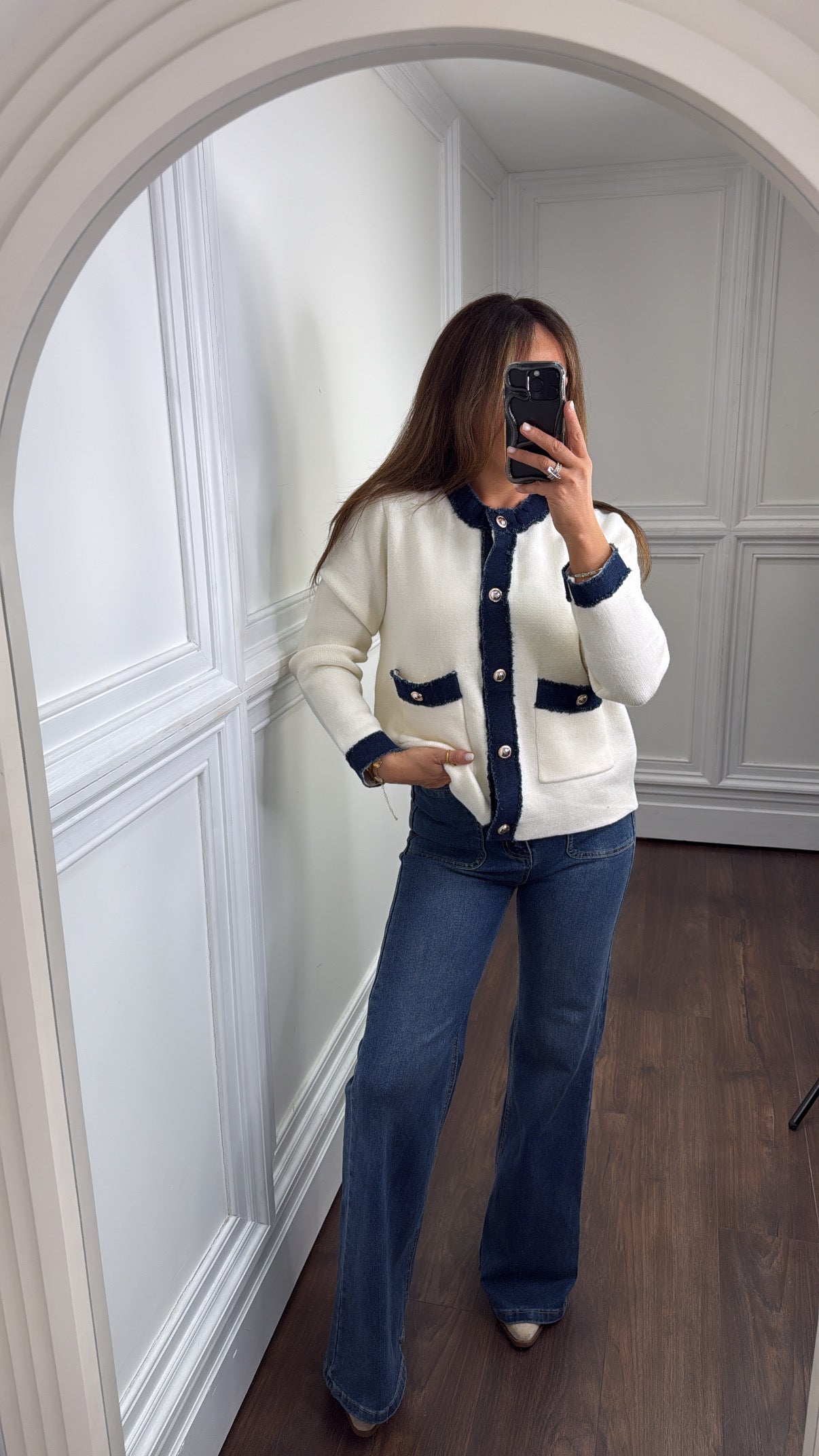 ELIZA cream knitted cardigan with denim contrast trim
