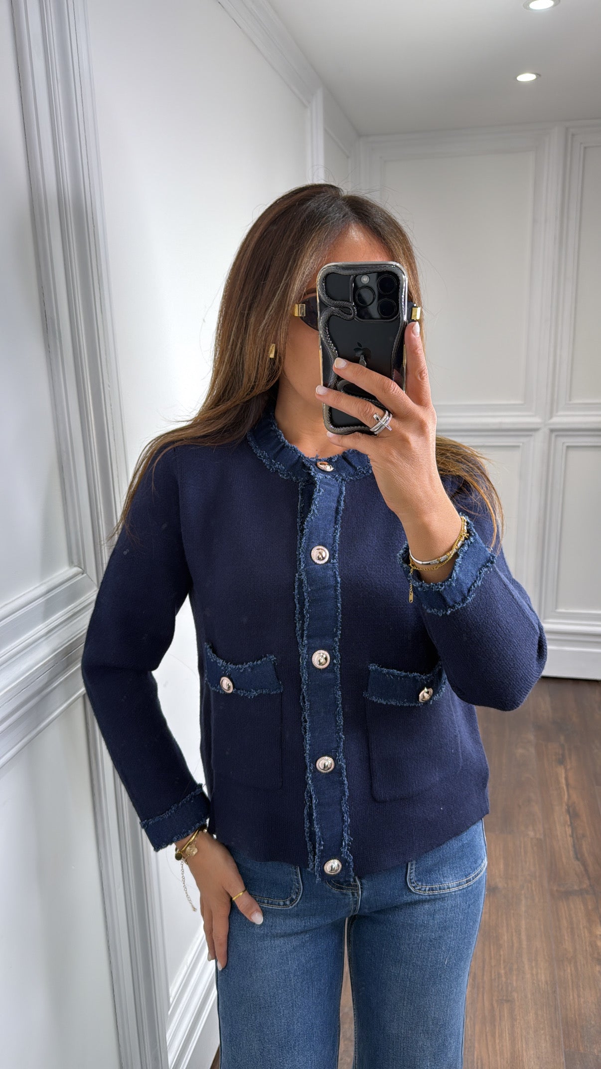 ELIZA navy knitted cardigan with denim contrast trim