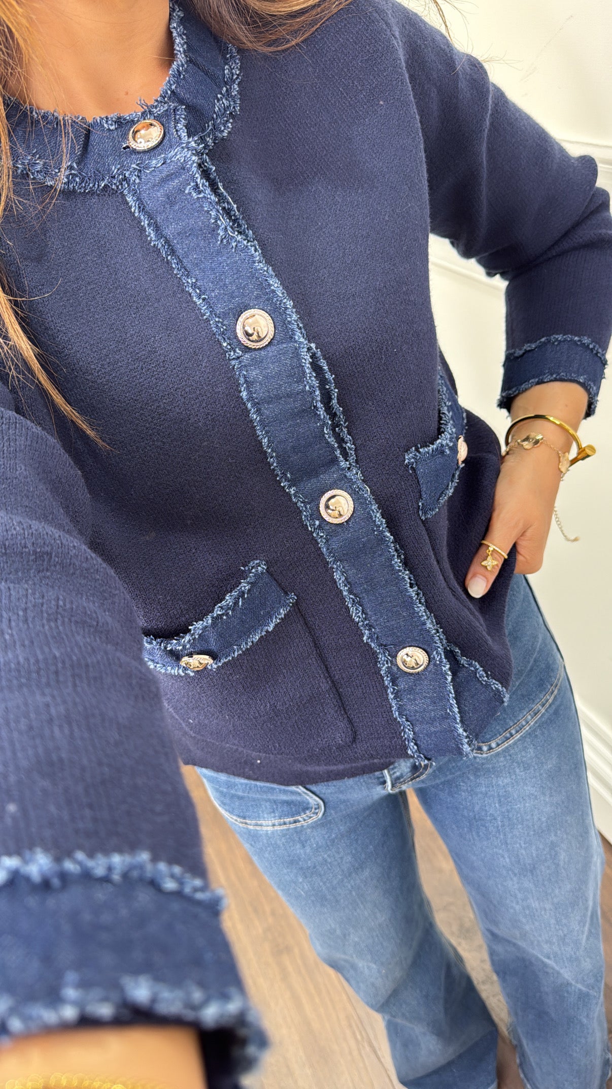 ELIZA navy knitted cardigan with denim contrast trim