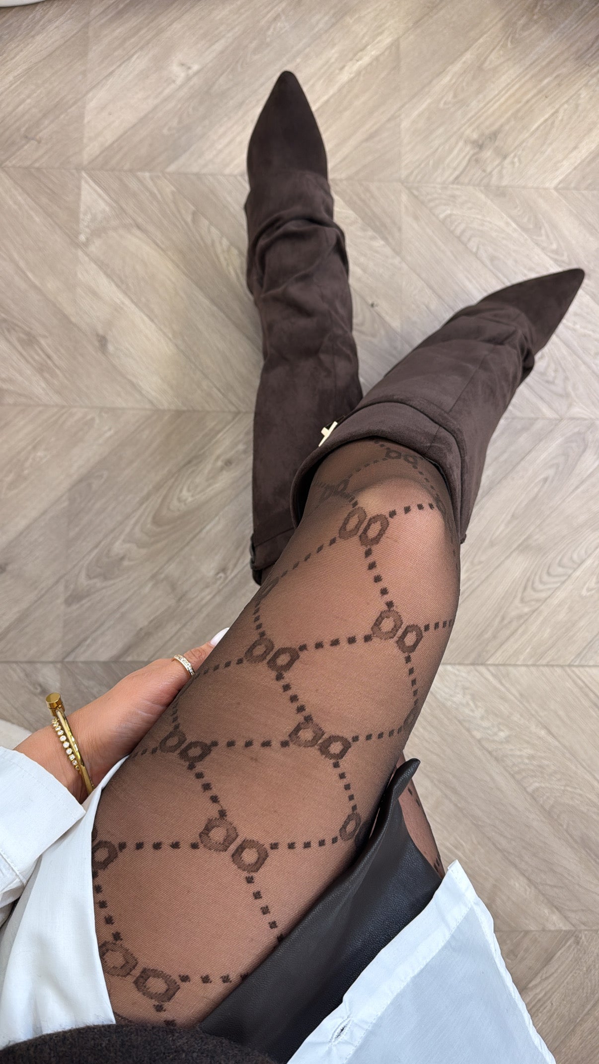 CLEO brown monogram sheer tights