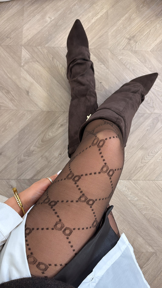 CLEO brown monogram sheer tights