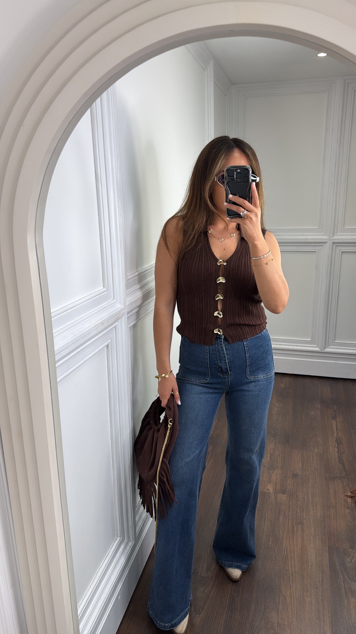 LIA brown ribbed knitted top with gold button detail