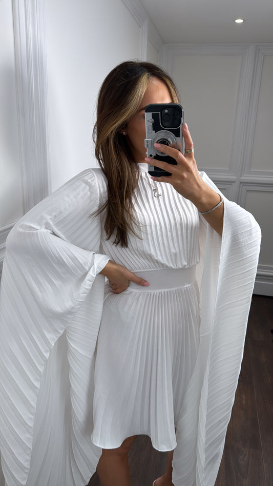 VIOLET white pleated drape sleeve dress