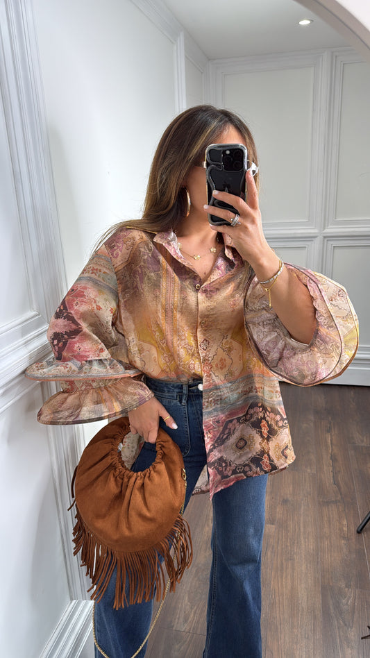 LOLA camel printed dip hem shirt with ruffle extreme sleeve detail