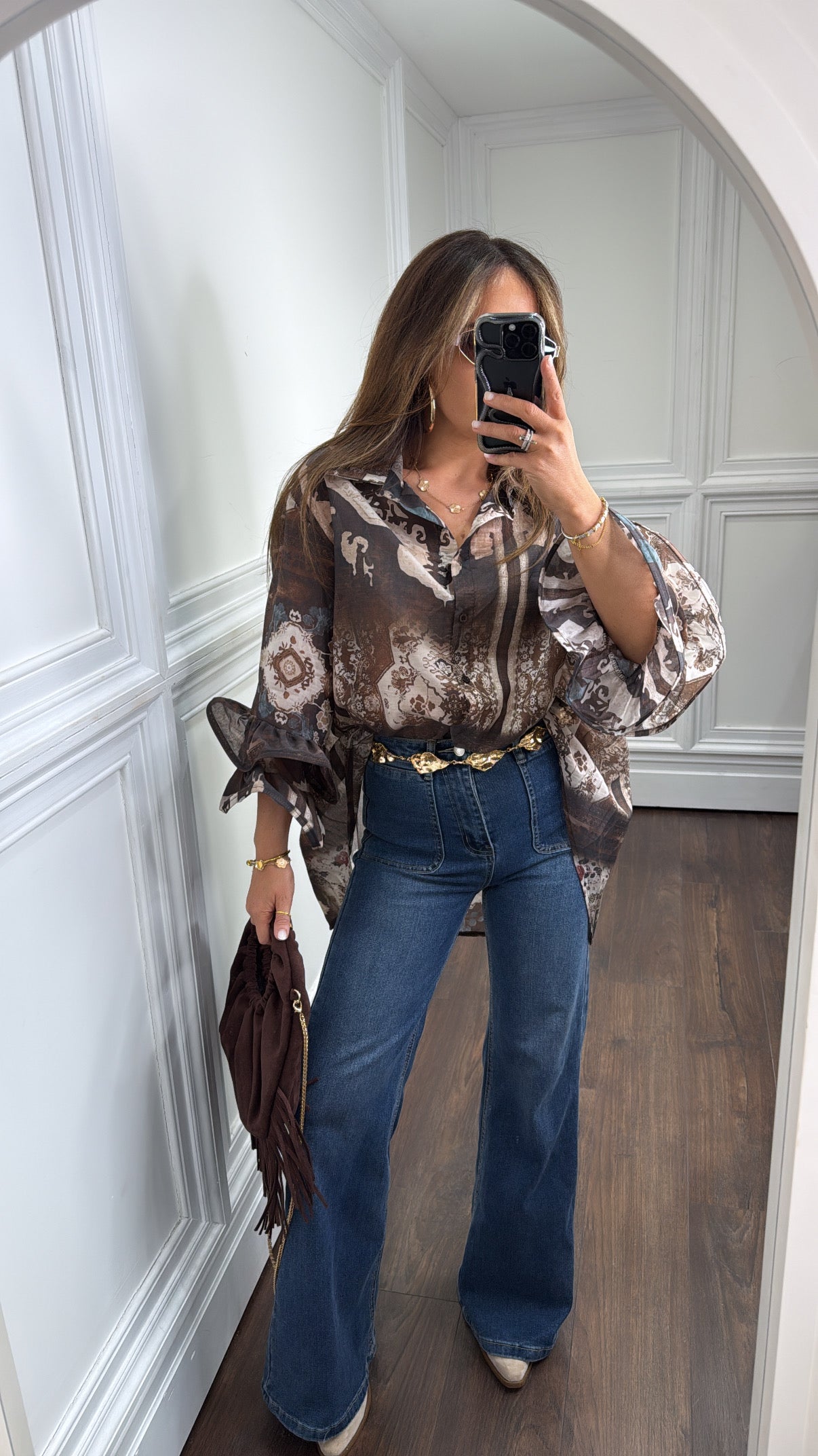 IRIS brown printed dip hem shirt with ruffle extreme sleeve detail