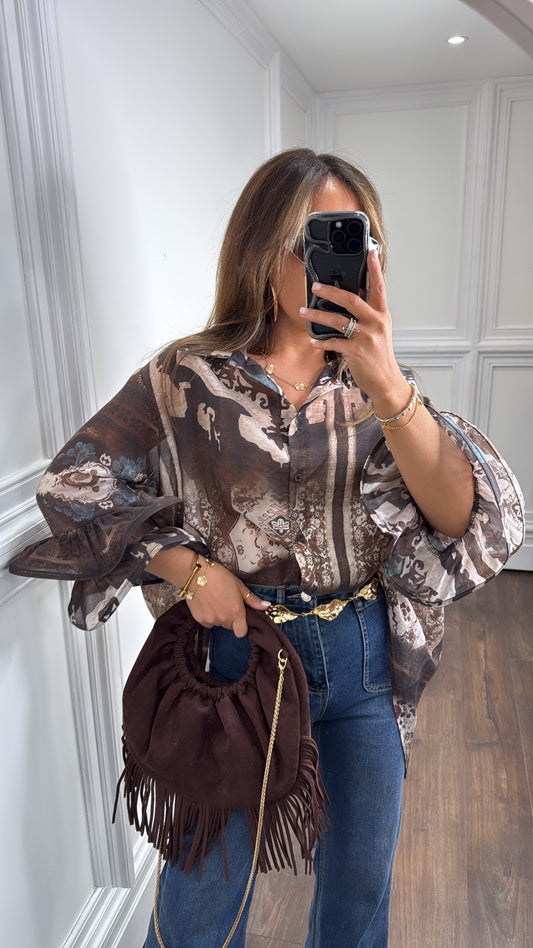 IRIS brown printed dip hem shirt with ruffle extreme sleeve detail