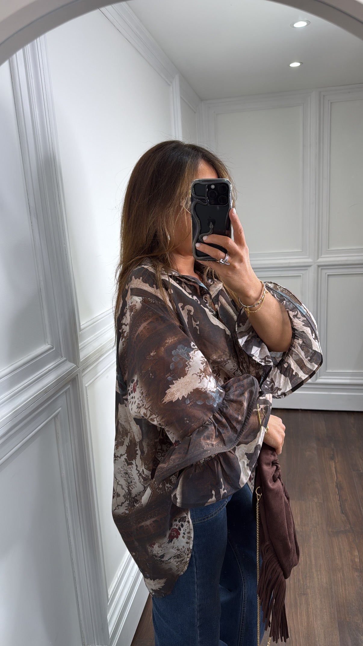 IRIS brown printed dip hem shirt with ruffle extreme sleeve detail