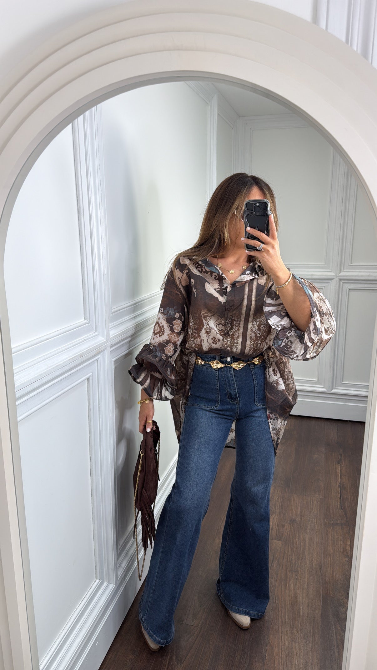 IRIS brown printed dip hem shirt with ruffle extreme sleeve detail
