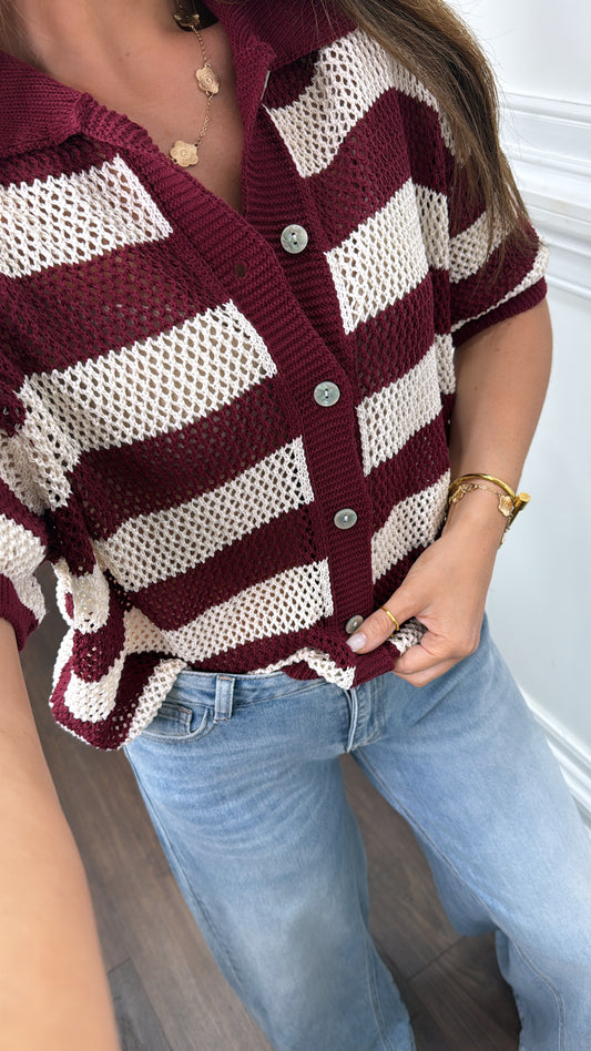 ROMI burgundy and cream stripe button up crochet top