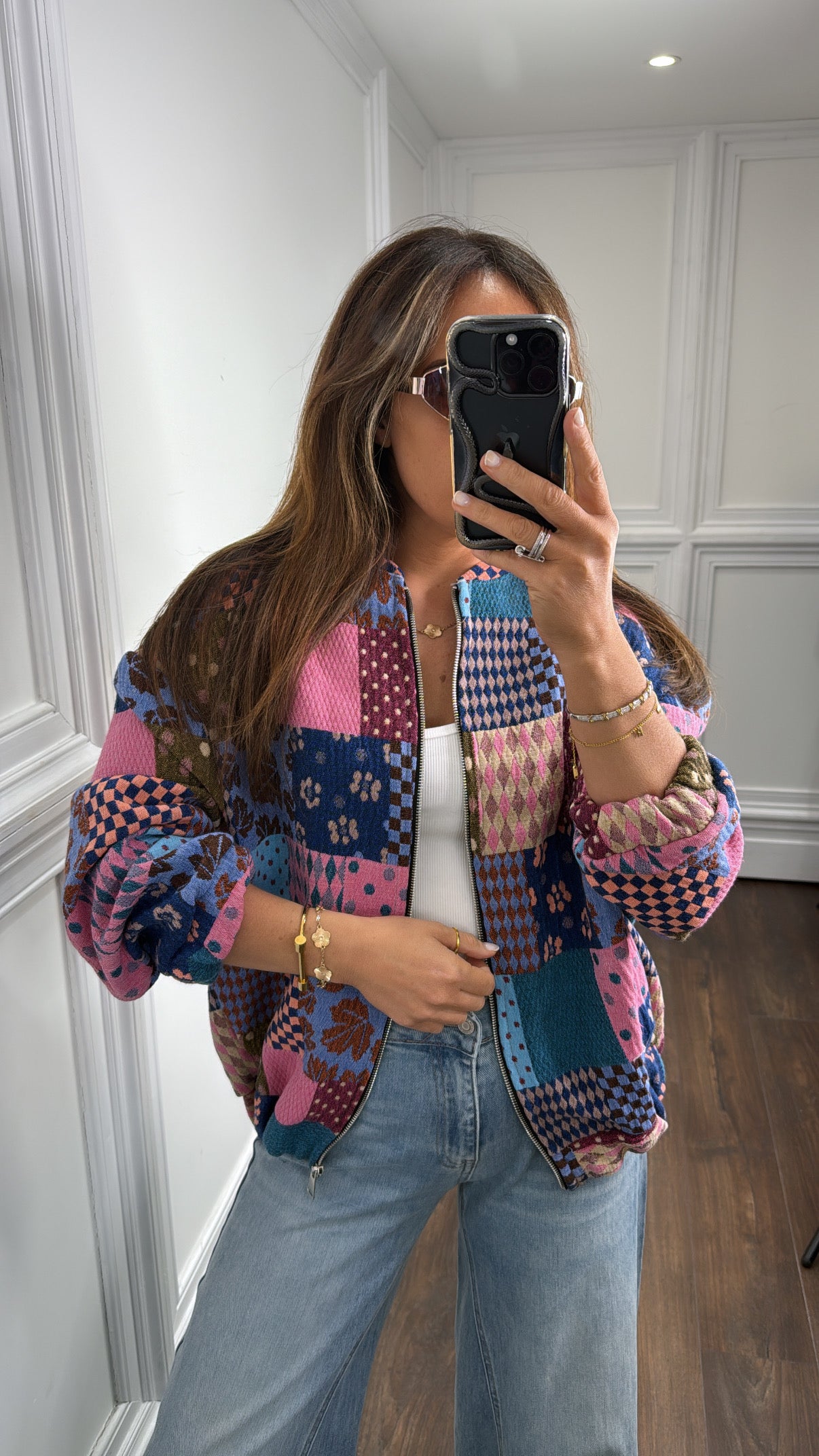 MOLLIE pink patchwork embroidered over size bomber jacket