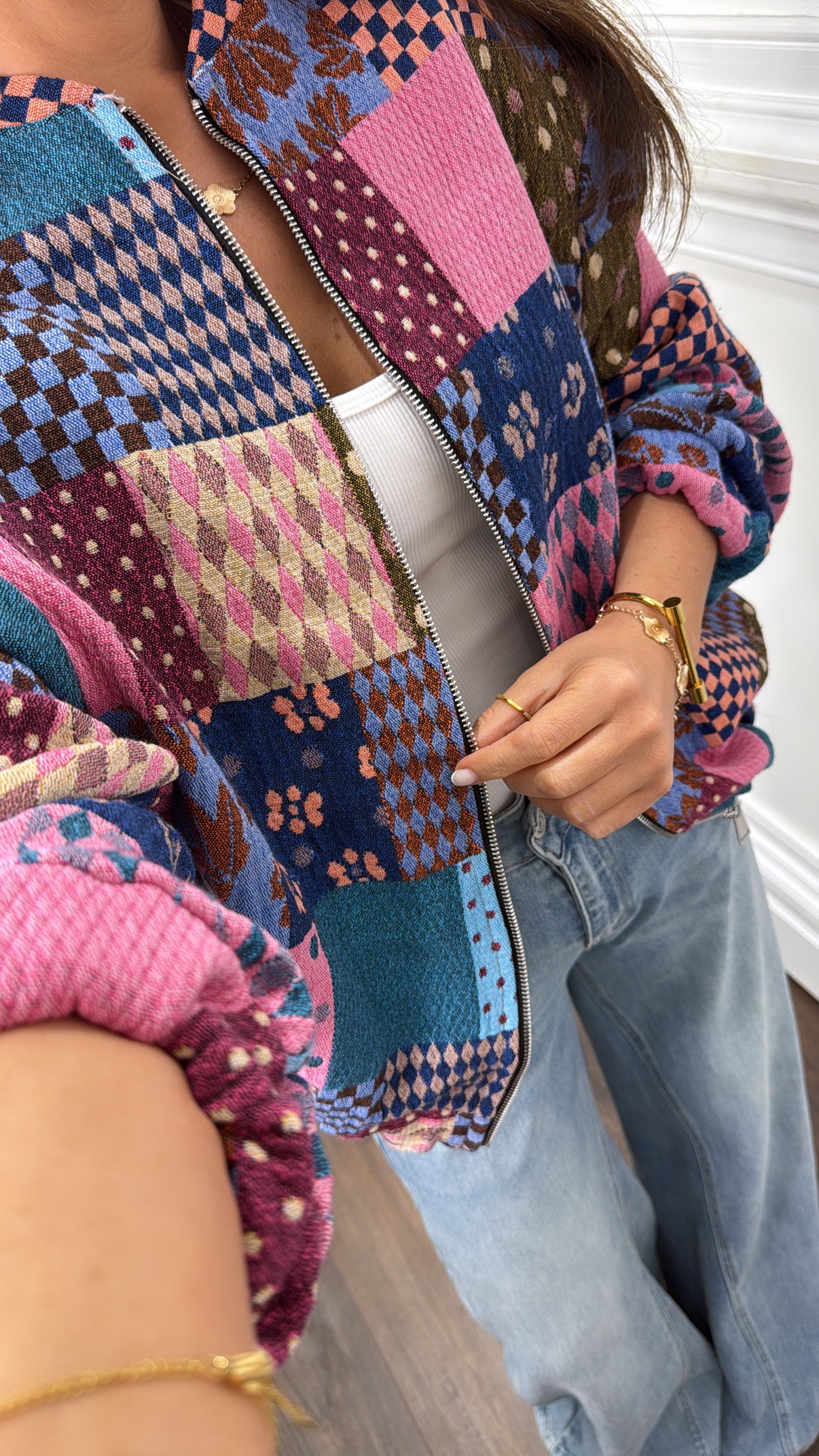 MOLLIE pink patchwork embroidered over size bomber jacket