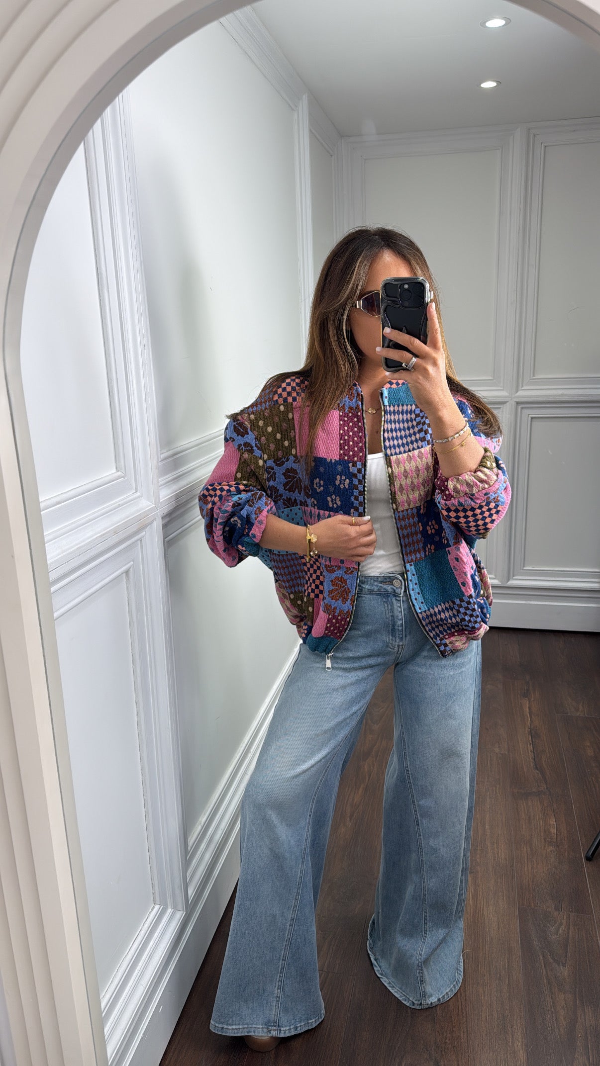 MOLLIE pink patchwork embroidered over size bomber jacket