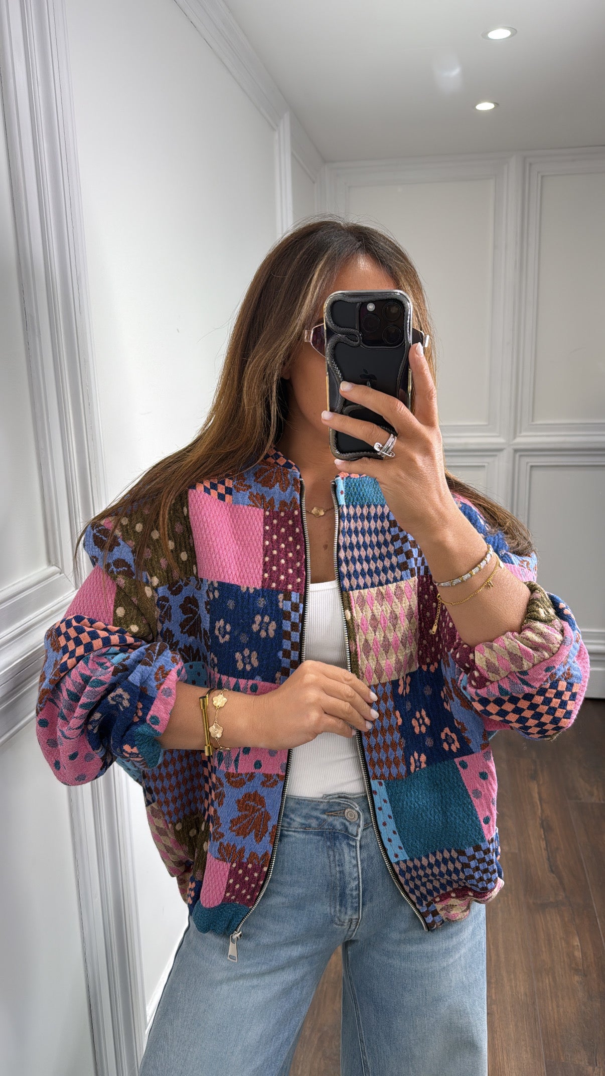 MOLLIE pink patchwork embroidered over size bomber jacket