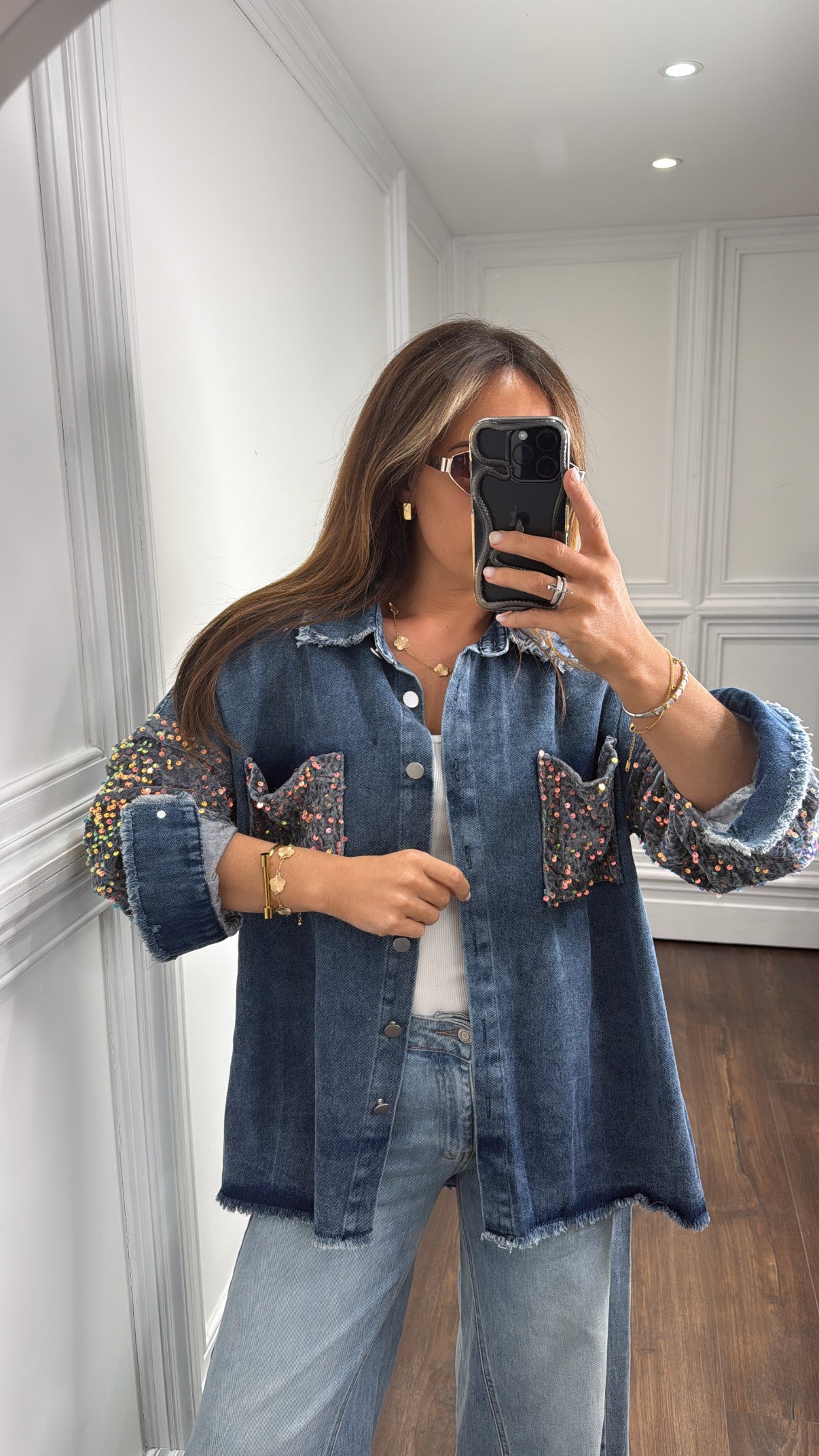 SHAUNA blue denim shacket with contrast sequin arms