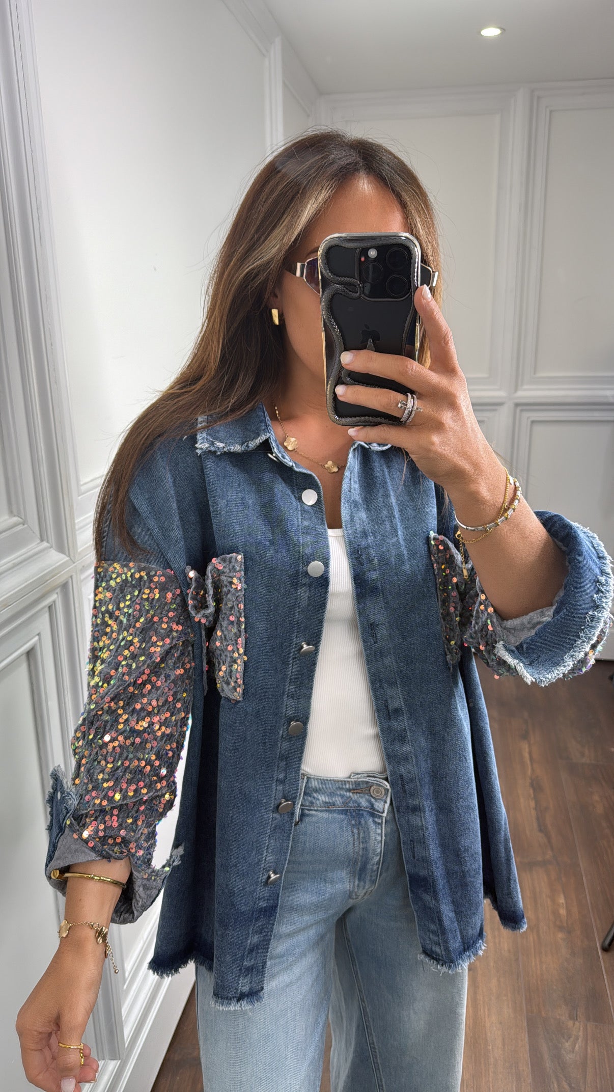 SHAUNA blue denim shacket with contrast sequin arms