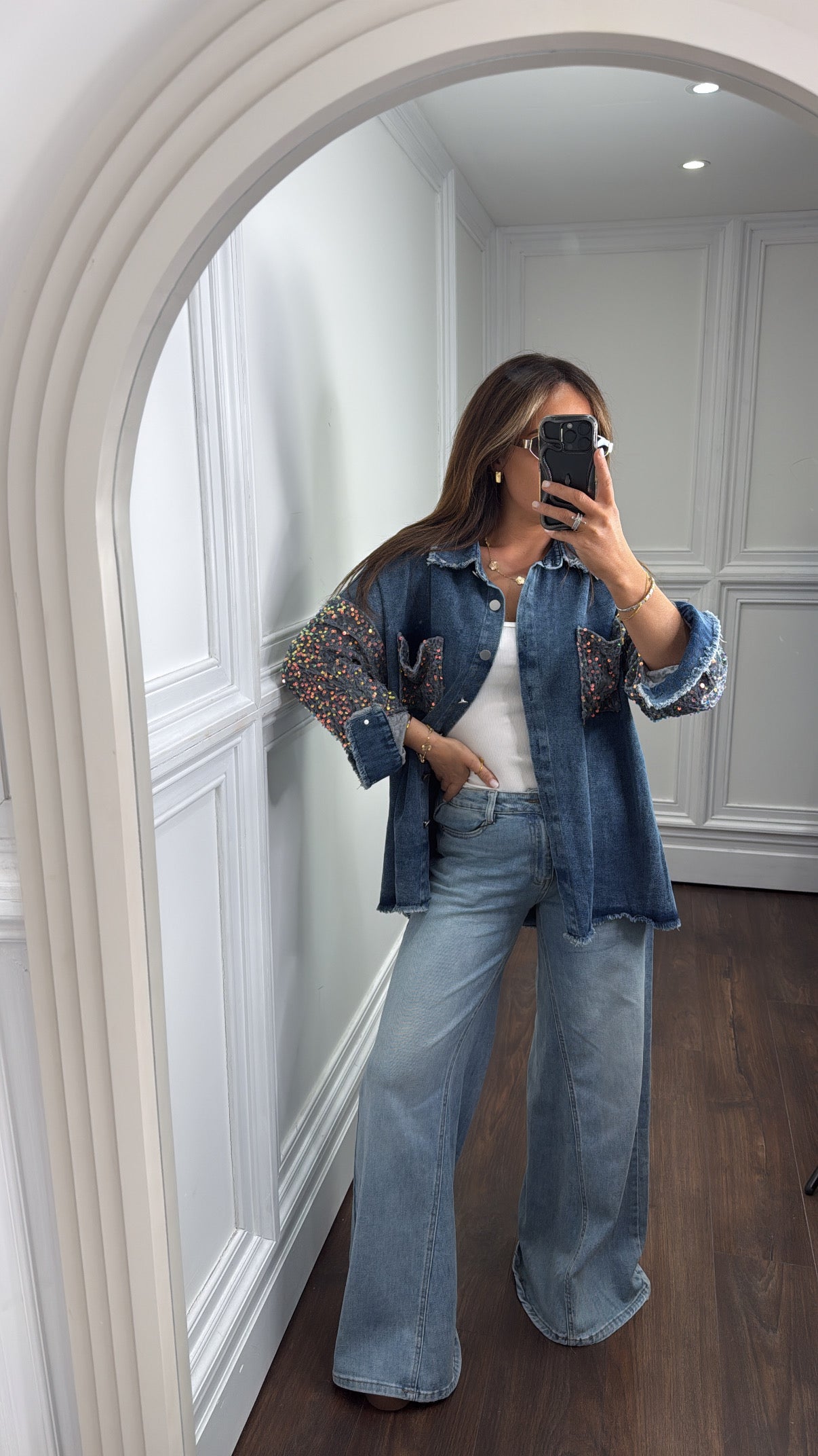 SHAUNA blue denim shacket with contrast sequin arms