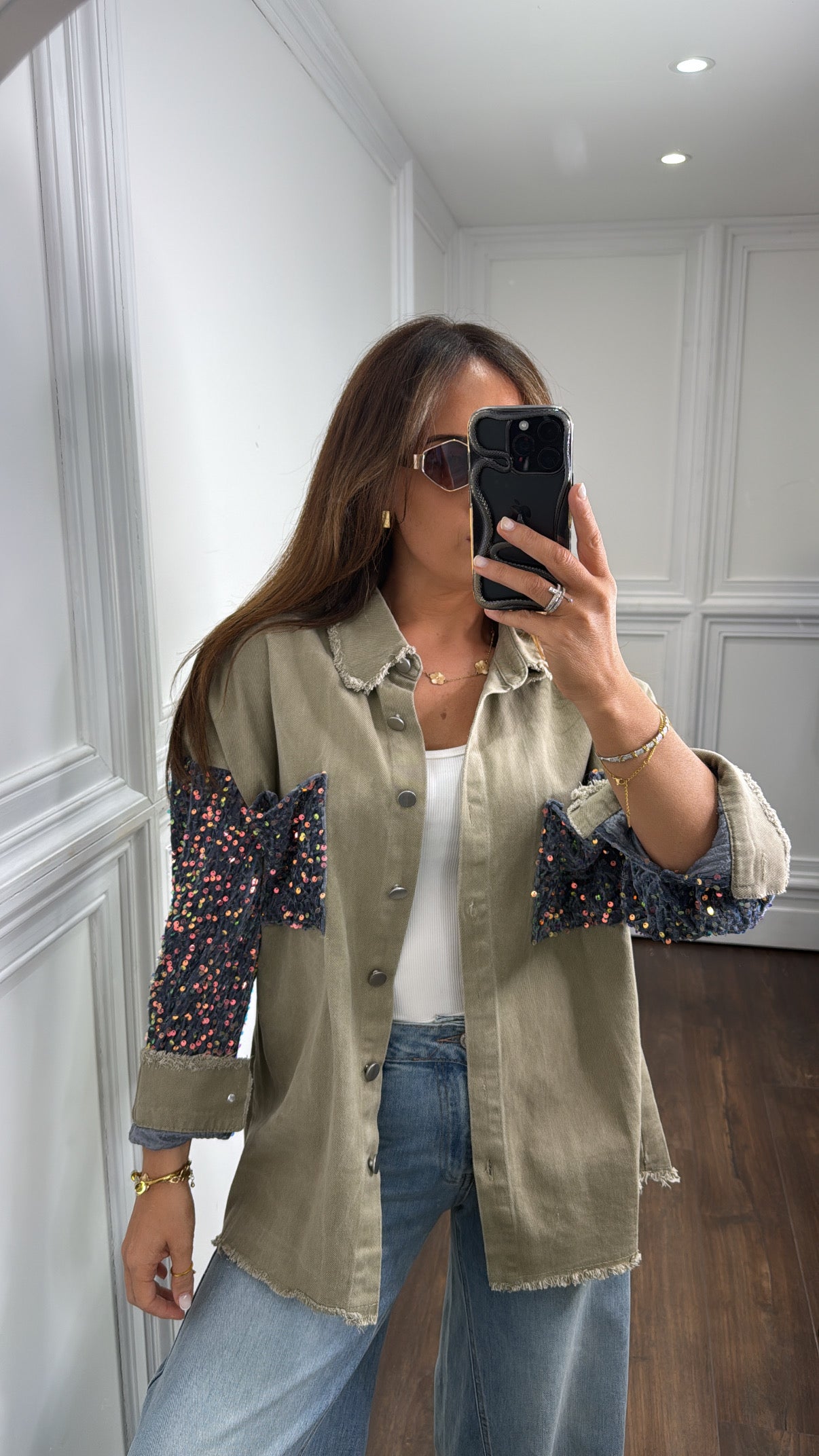 SHAUNA khaki denim shacket with contrast sequin arms