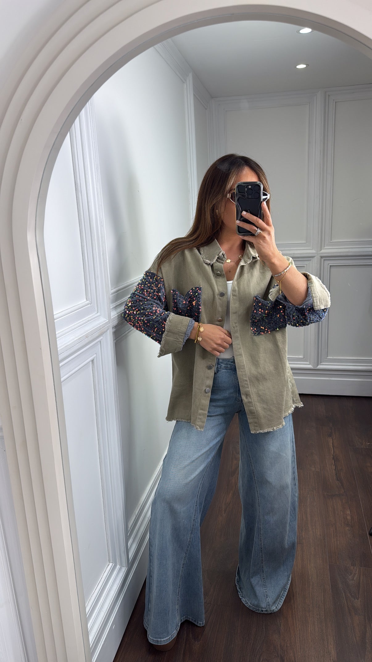 SHAUNA khaki denim shacket with contrast sequin arms