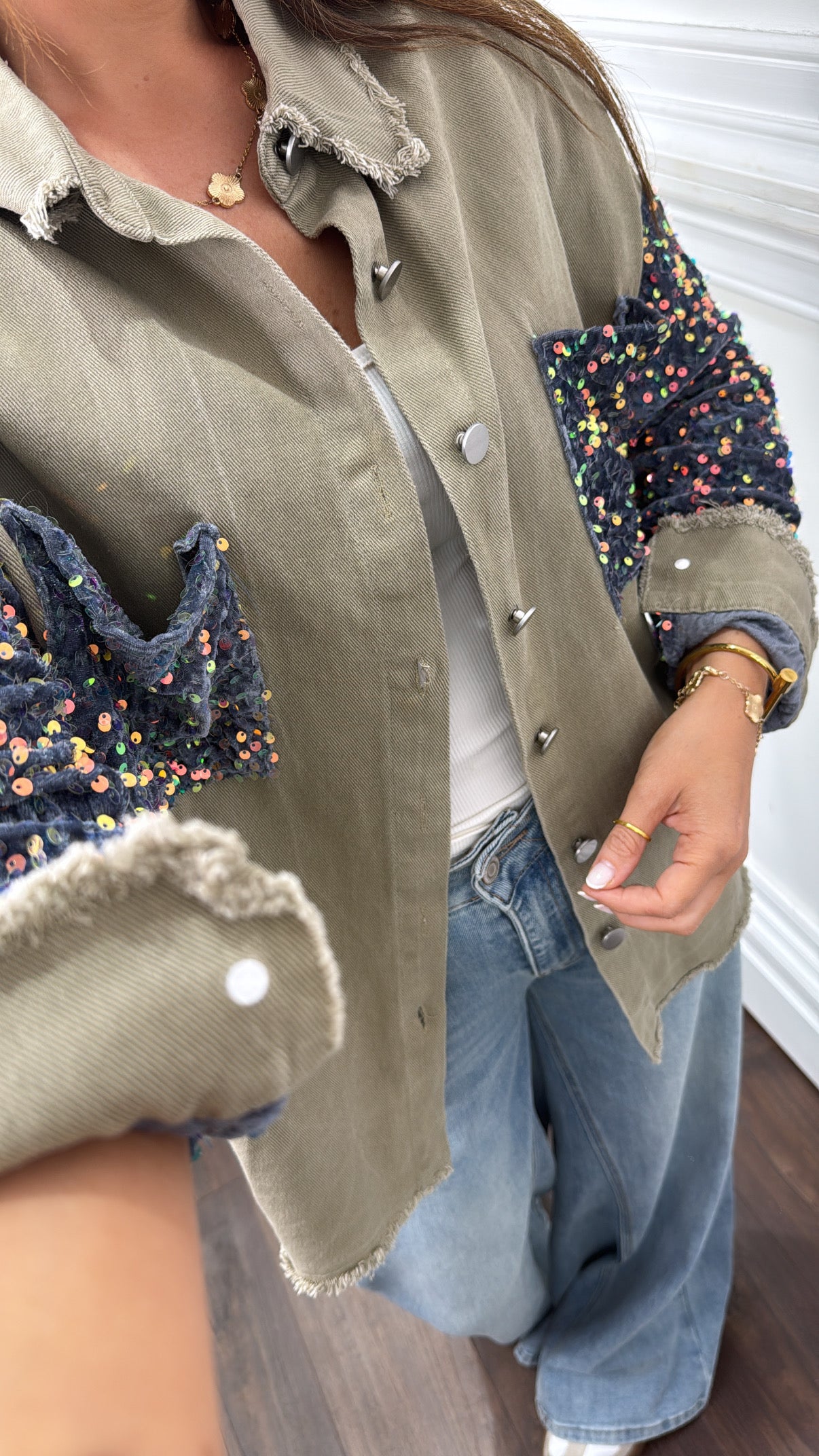SHAUNA khaki denim shacket with contrast sequin arms