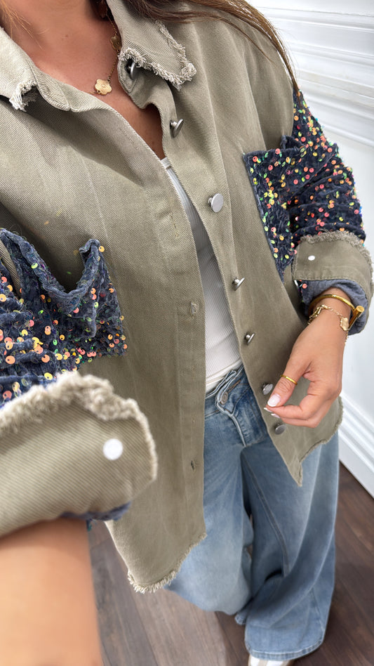 SHAUNA khaki denim shacket with contrast sequin arms
