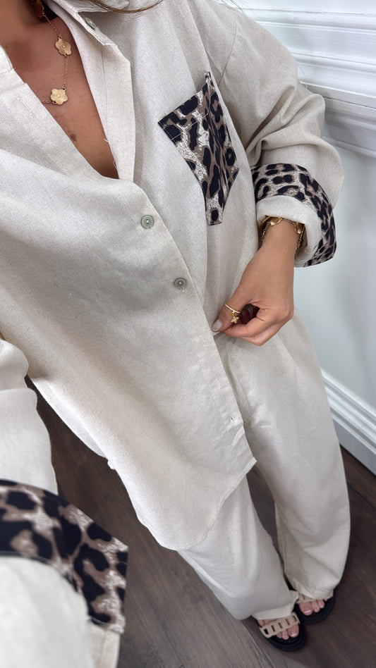 TAMMY beige and leopard shirt and trousers co-ord