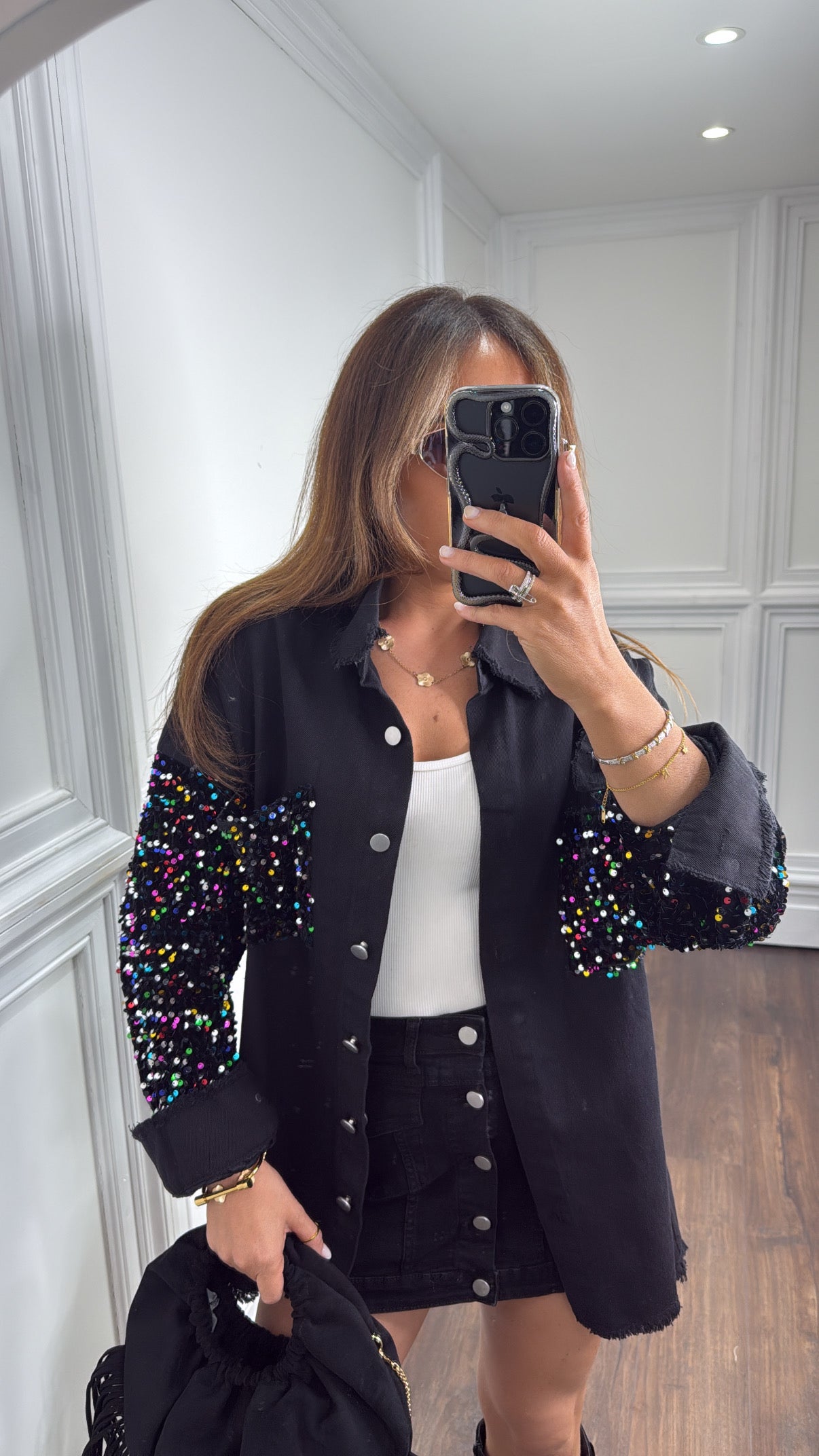 SHAUNA black denim shacket with contrast sequin arms