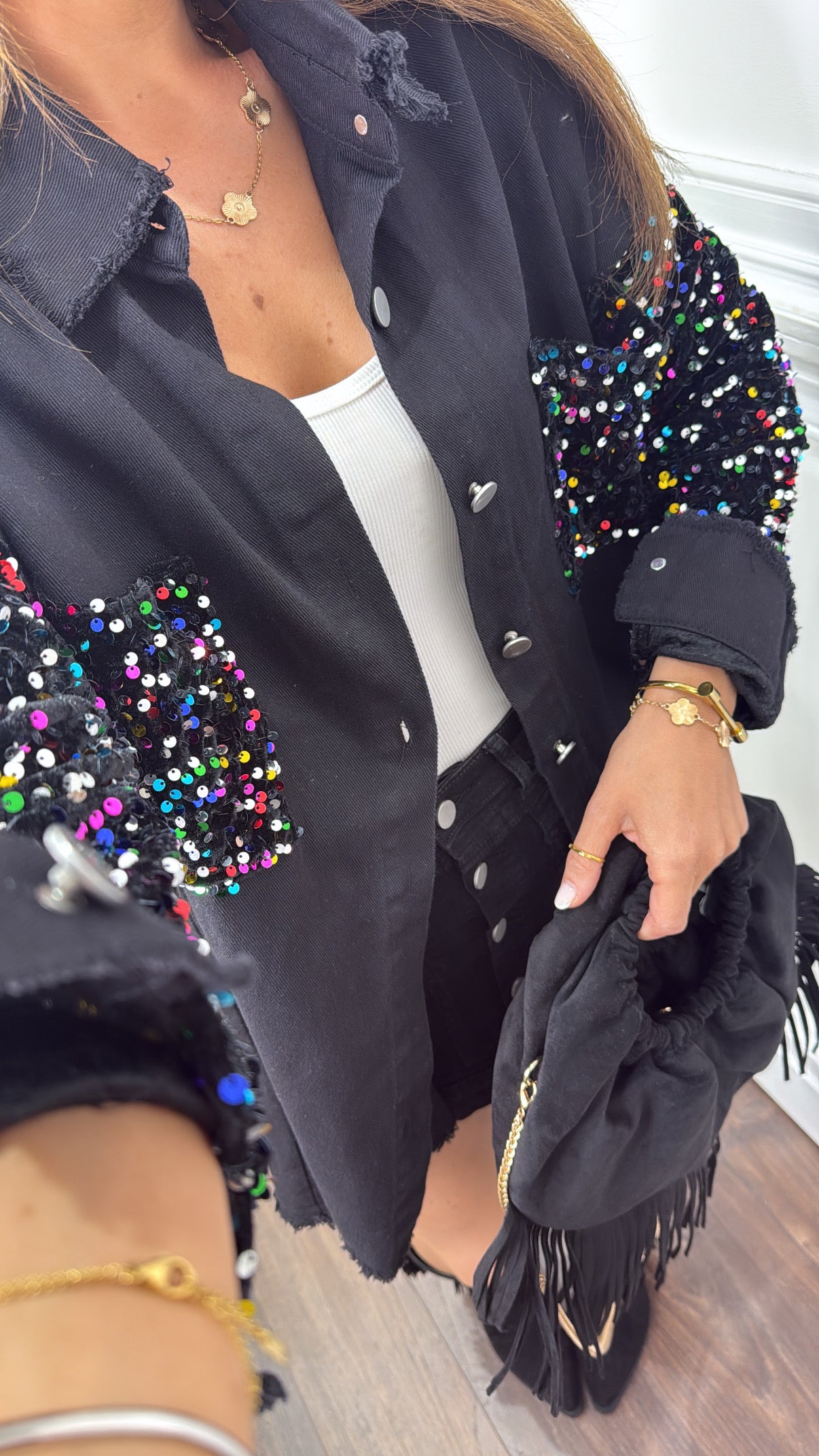 SHAUNA black denim shacket with contrast sequin arms