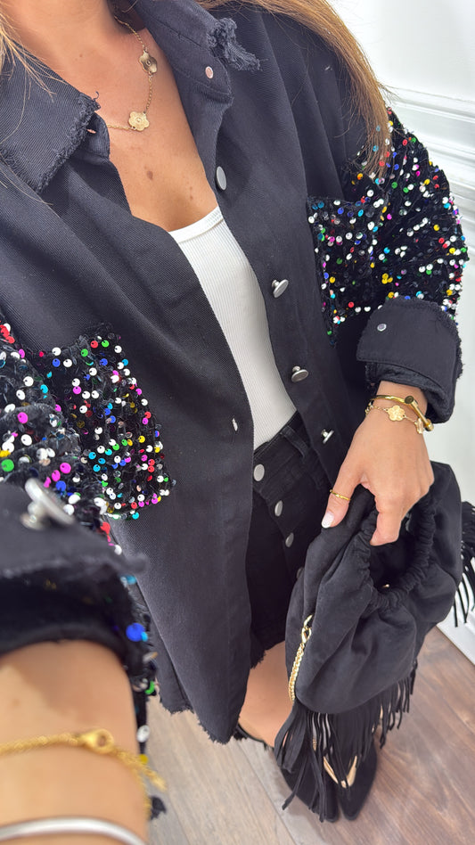SHAUNA black denim shacket with contrast sequin arms