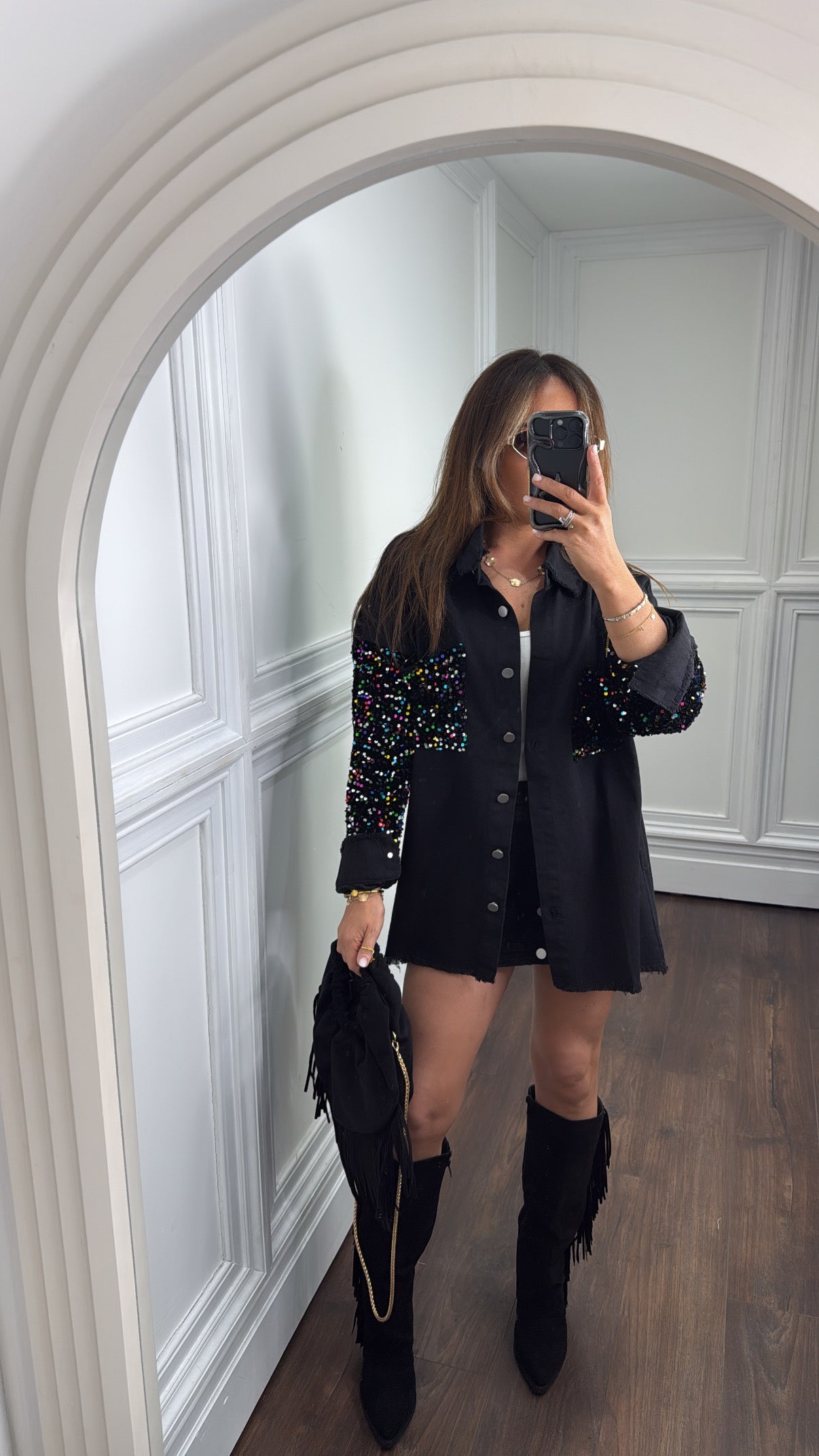 SHAUNA black denim shacket with contrast sequin arms