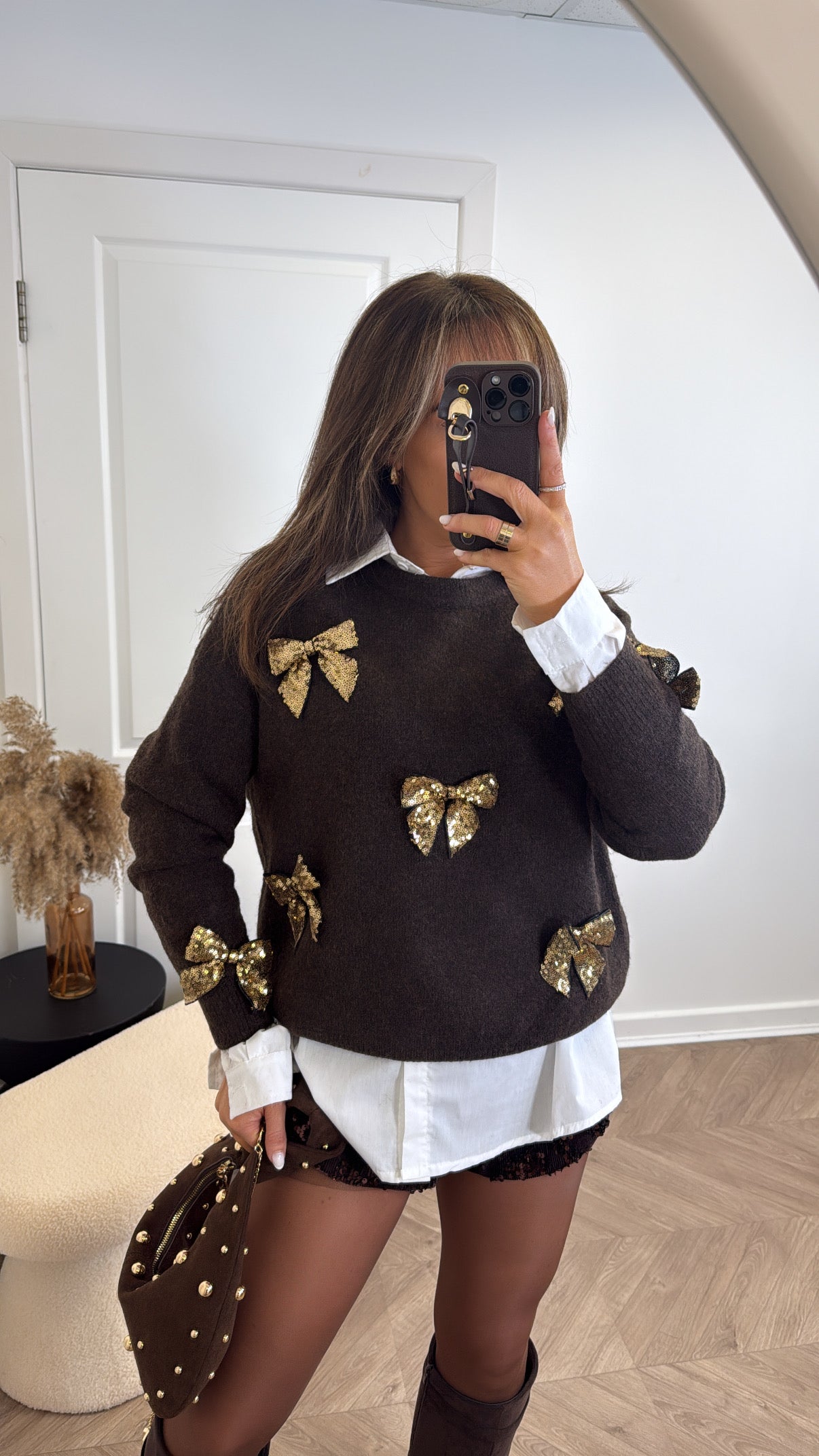KELLIE brown soft knit jumper with gold sequin bows