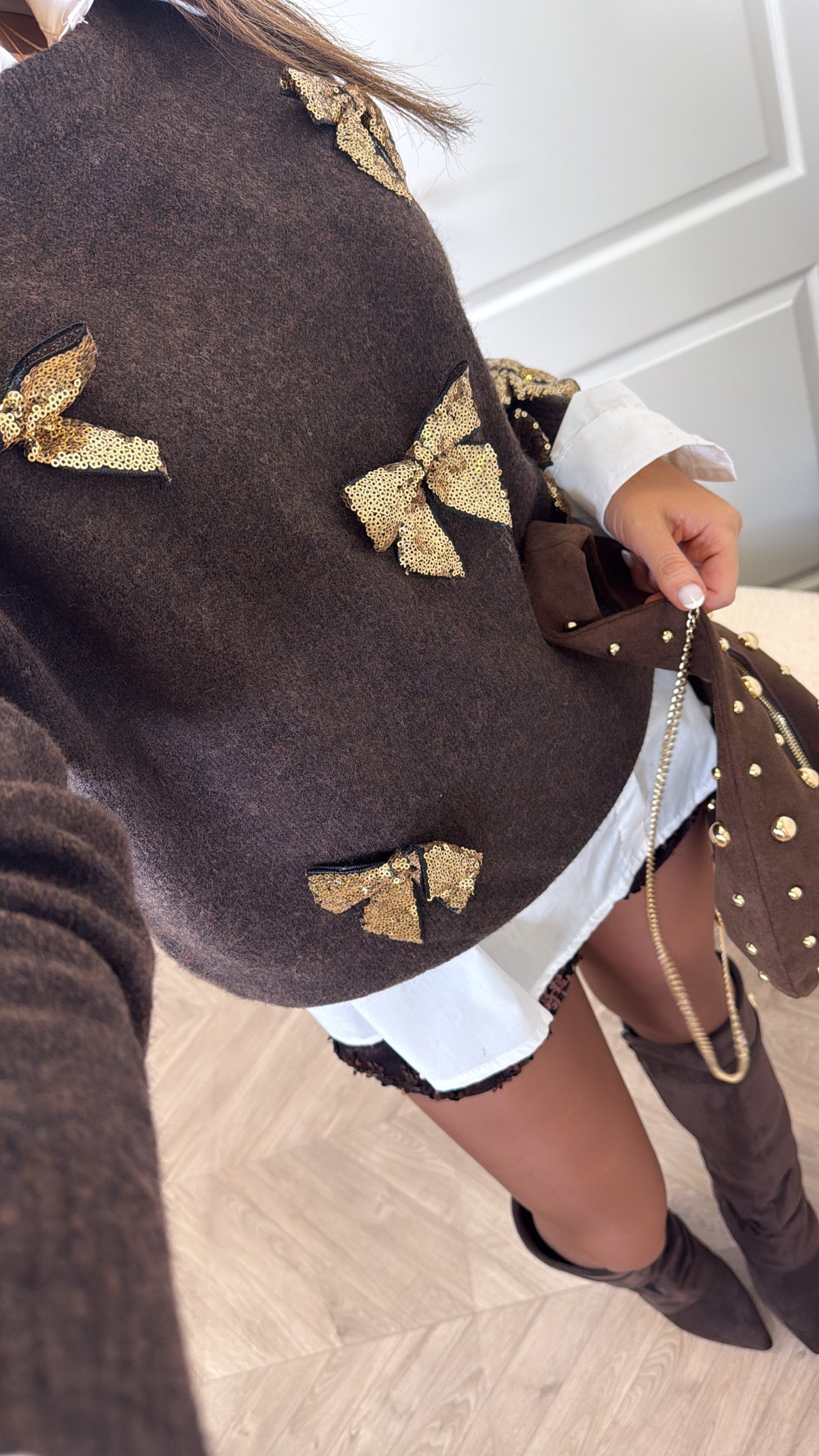 KELLIE brown soft knit jumper with gold sequin bows